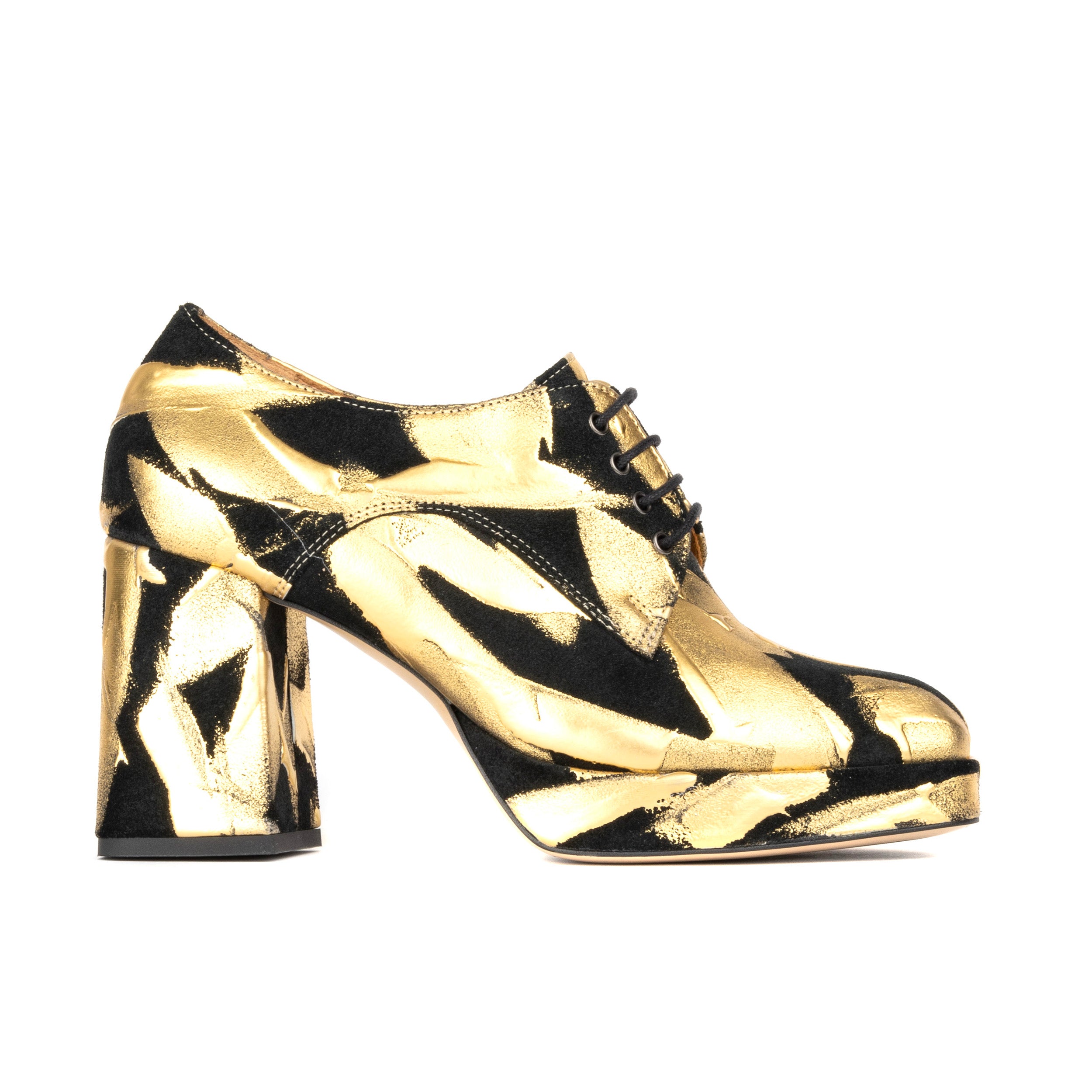 Roulette Platform - Gold - Women's leather oxford pump with platform and block heel