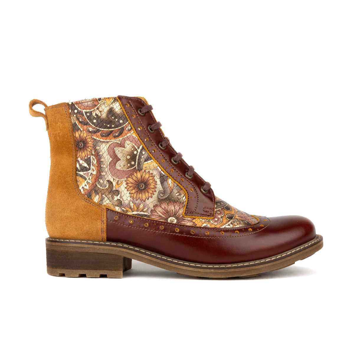 Milliner - Brown & Bronze Gold Flowers - Women's leather round toe rubber sole ankle boot in black