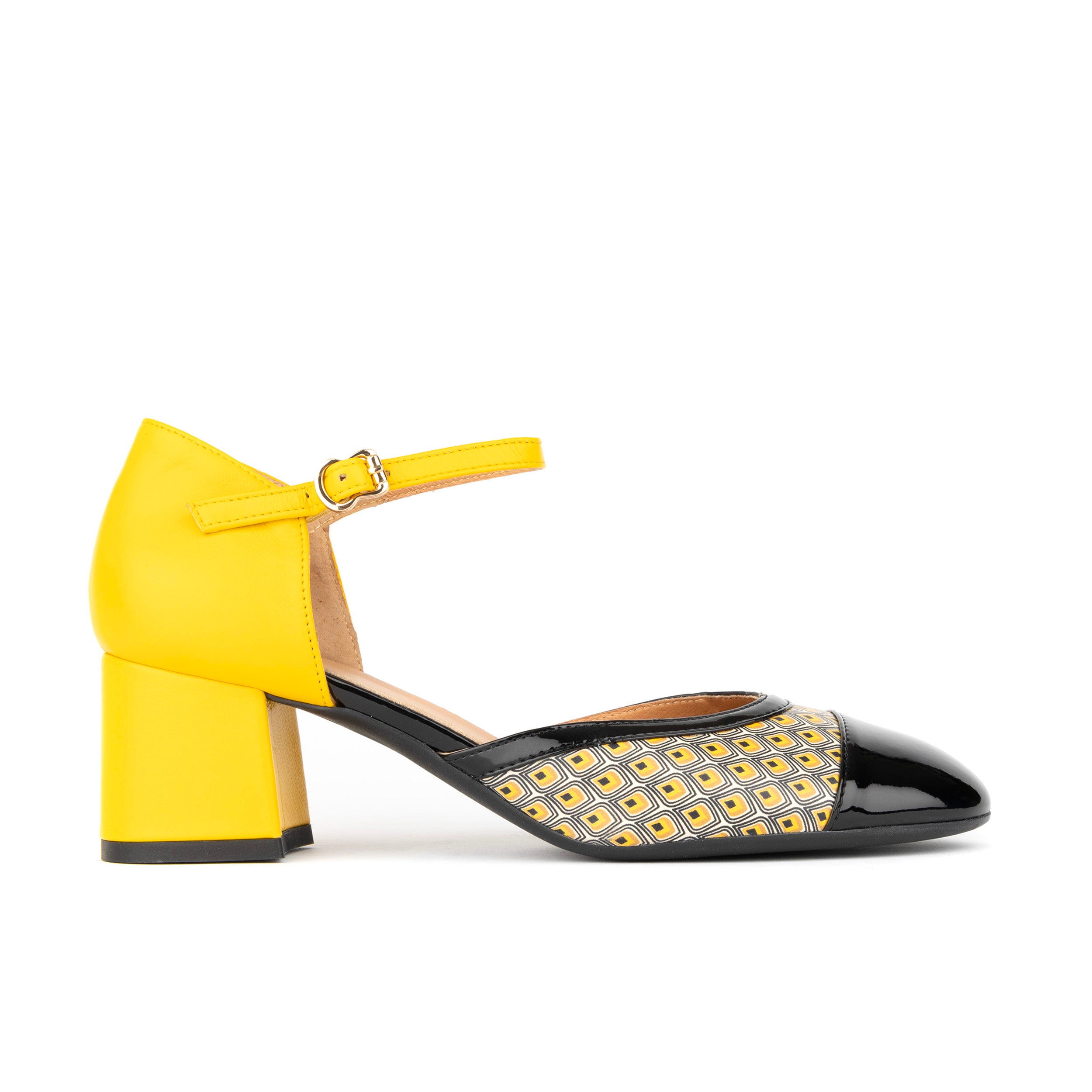 Kemi - Black & Yellow - Women's Leather Almond-Toe Block Heel