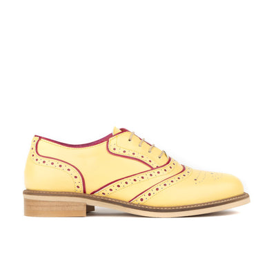 Brick Lane - Pastel Yellow - Women's contrast leather lace-up brogue