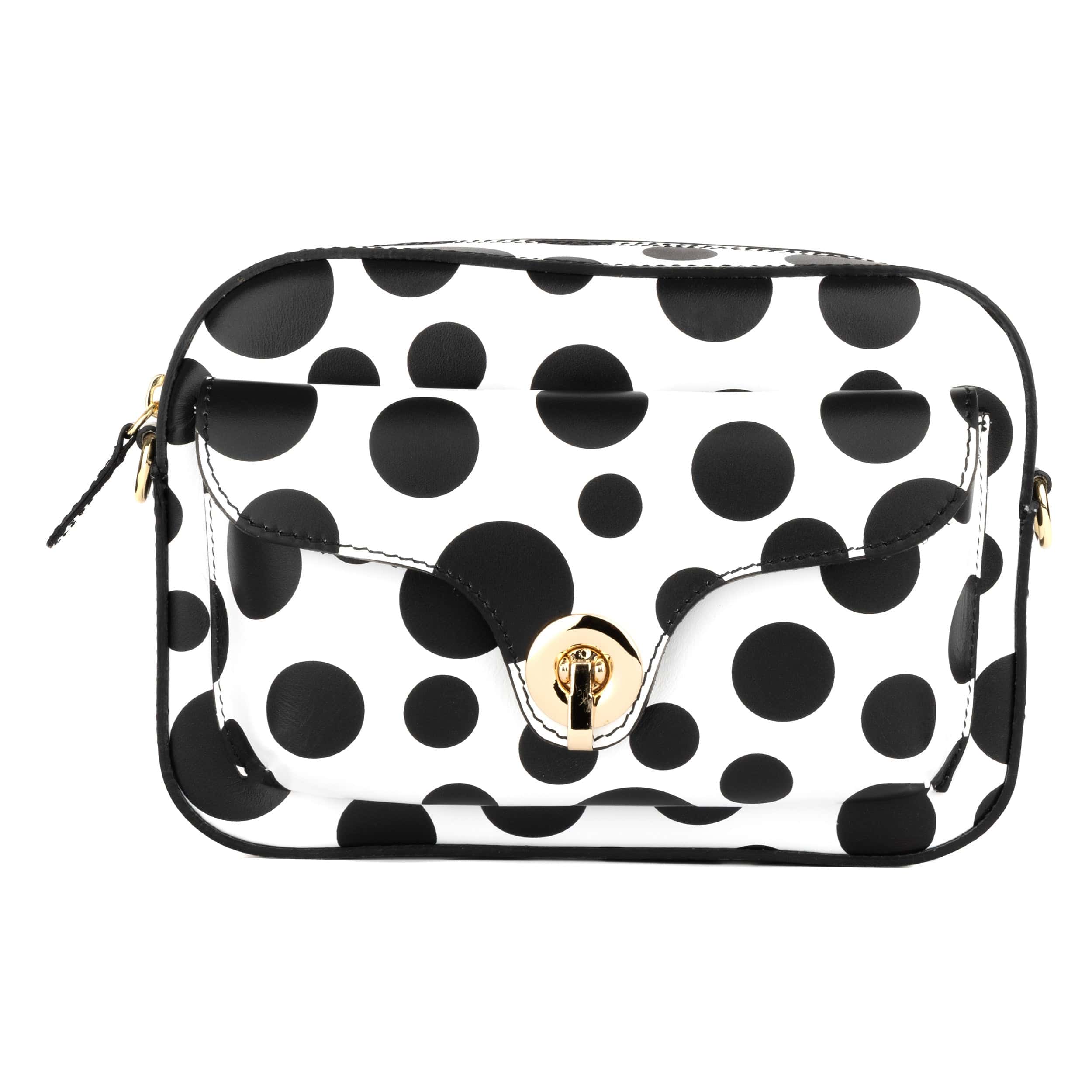 Lady Camara - Black & White Polka - Women's zip-up crossbody bag with shoulder strap and front pocket