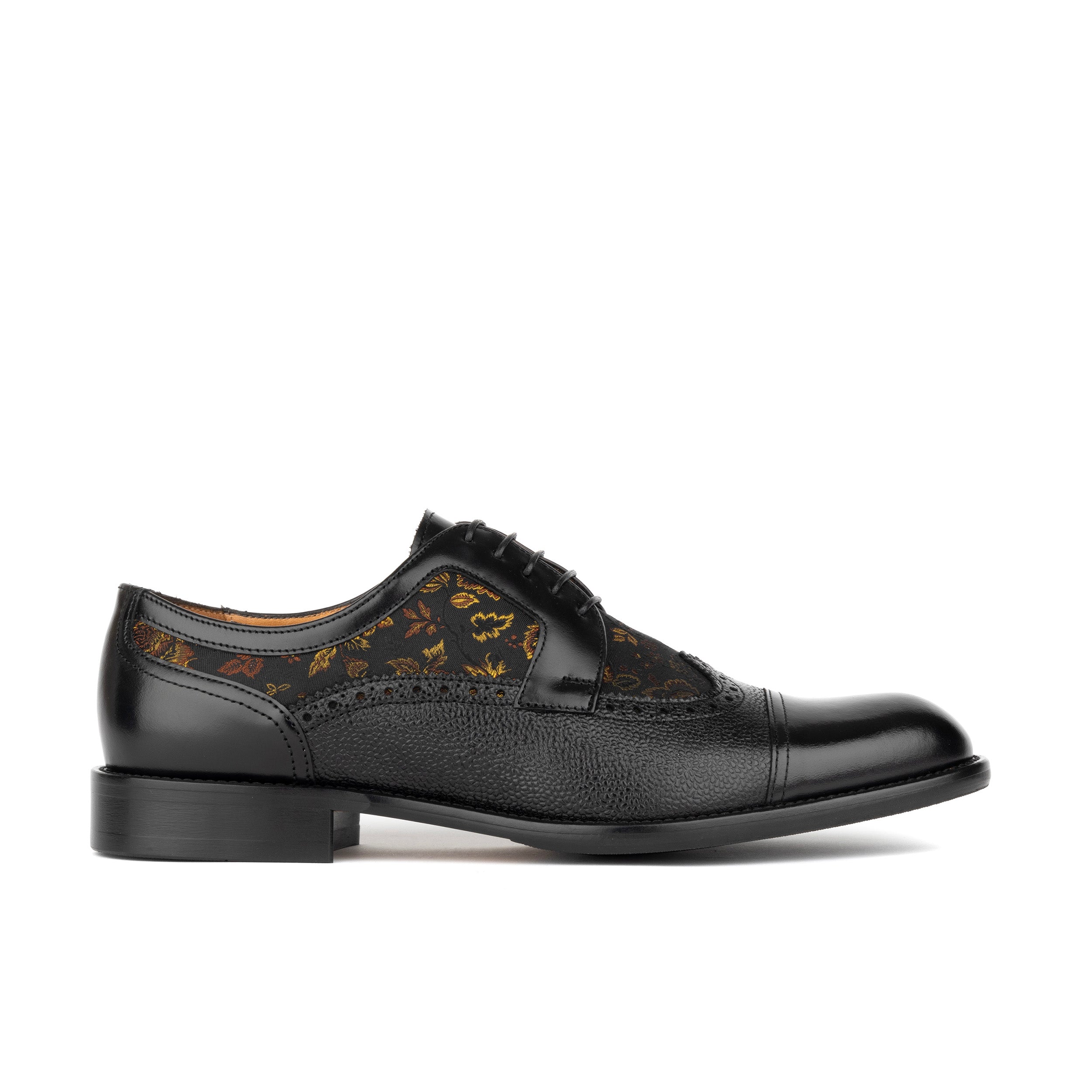 Orlando - Black & Yellow Flowers - Men's toe cap dressy black shoe with flower print leather