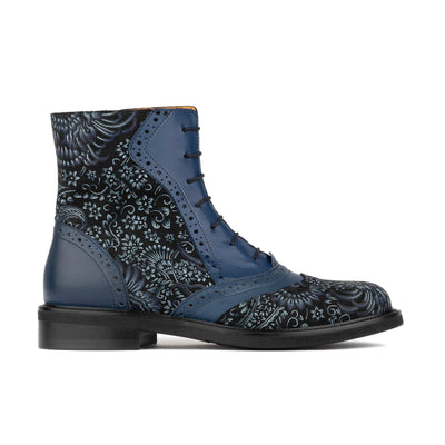 Brick Lane Boots - Blue - Women's leather oxford higher ankle boot with brogue detail