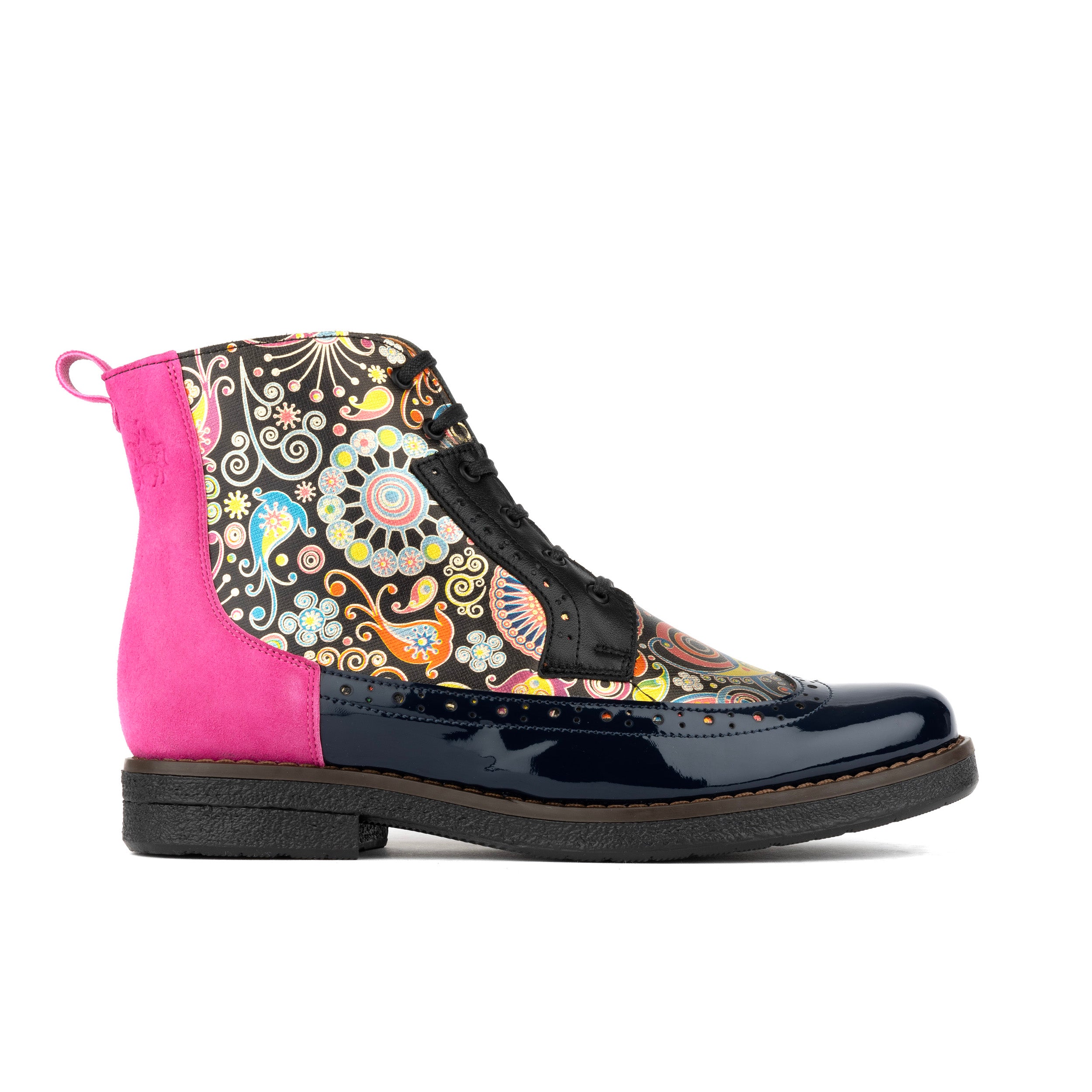 Hatter - Navy Pink - Women's higher ankle leather boot with brogue styling