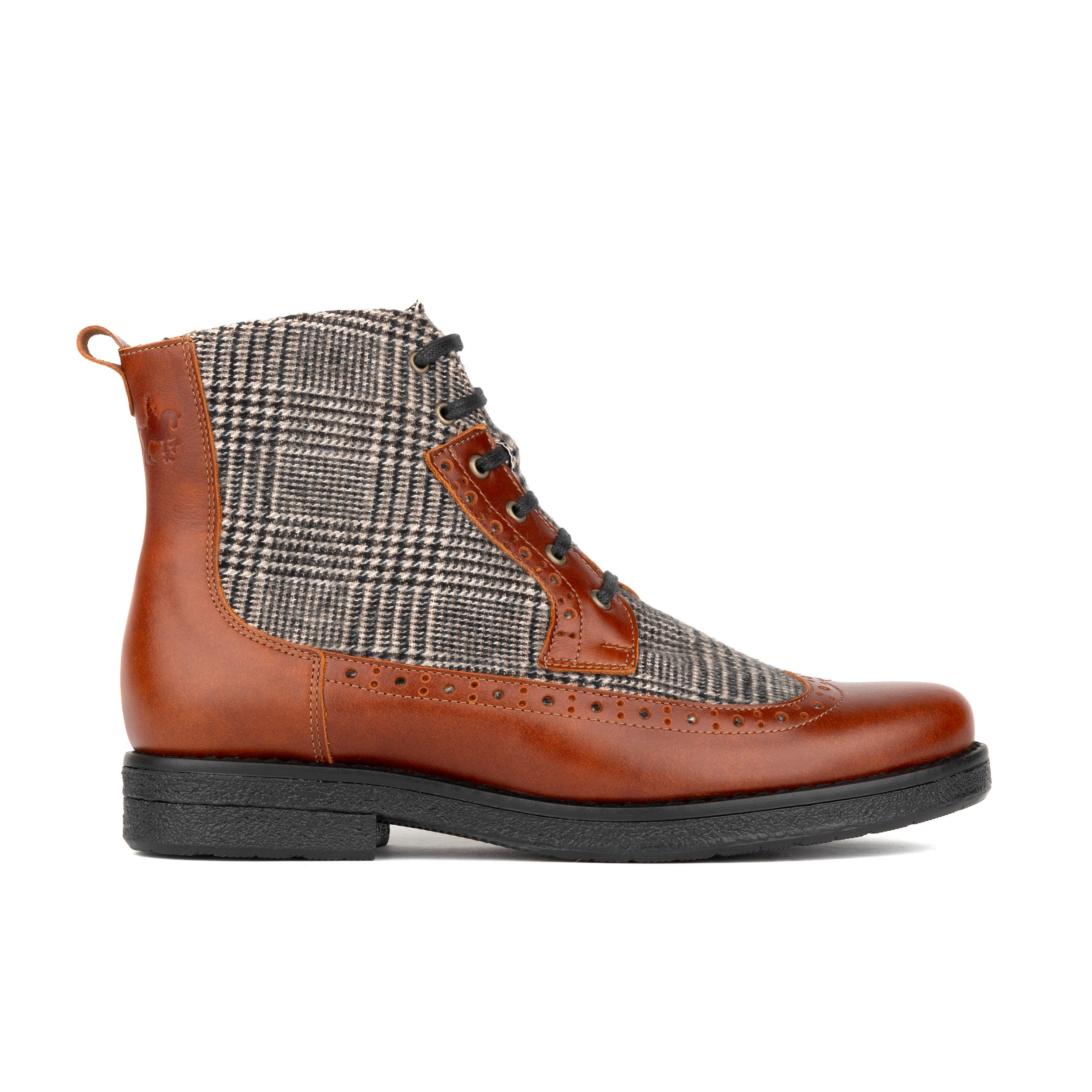 Hatter - Brown & Brown Check - Women's Leather Ankle Lace-up Boot with check details