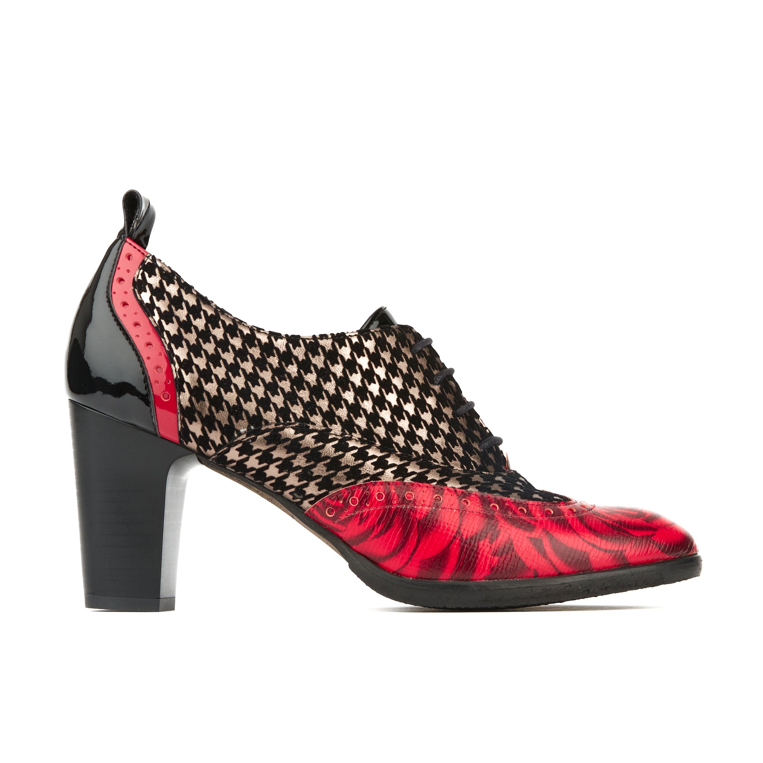 Casino - Red Houndstooth - Women's leather oxford pump in block heel with broguing