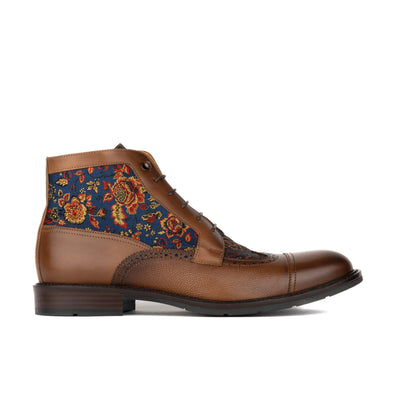 Charles - Tan & Blue Flowers - Men's leather lace up boot