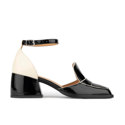 Mayfair - Black & Cream - Women's square toe patent leather 2 inch heel sandal