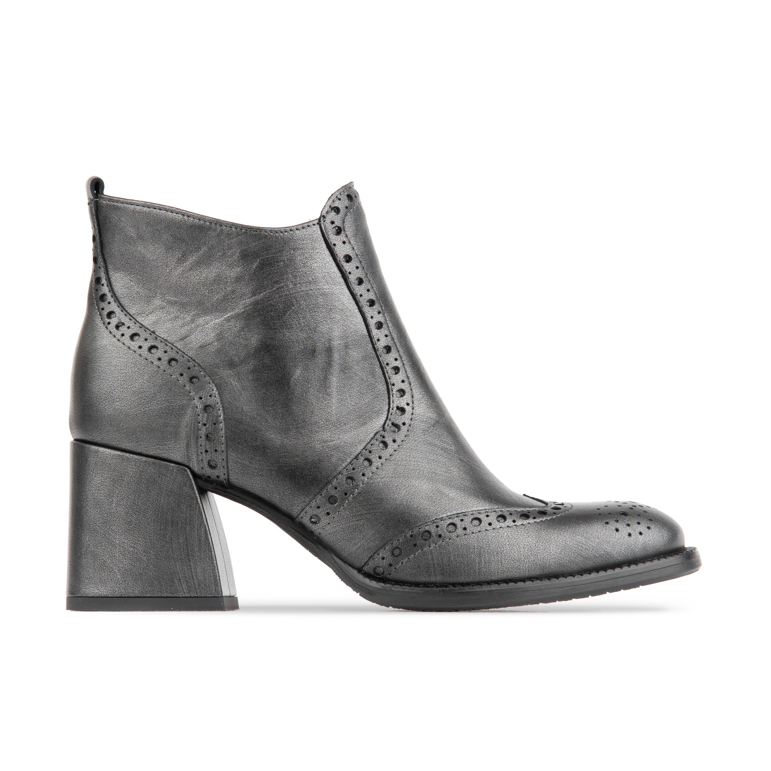 Chloe Low - Black Silver - Women's block heel ankle leather boot with brogue details