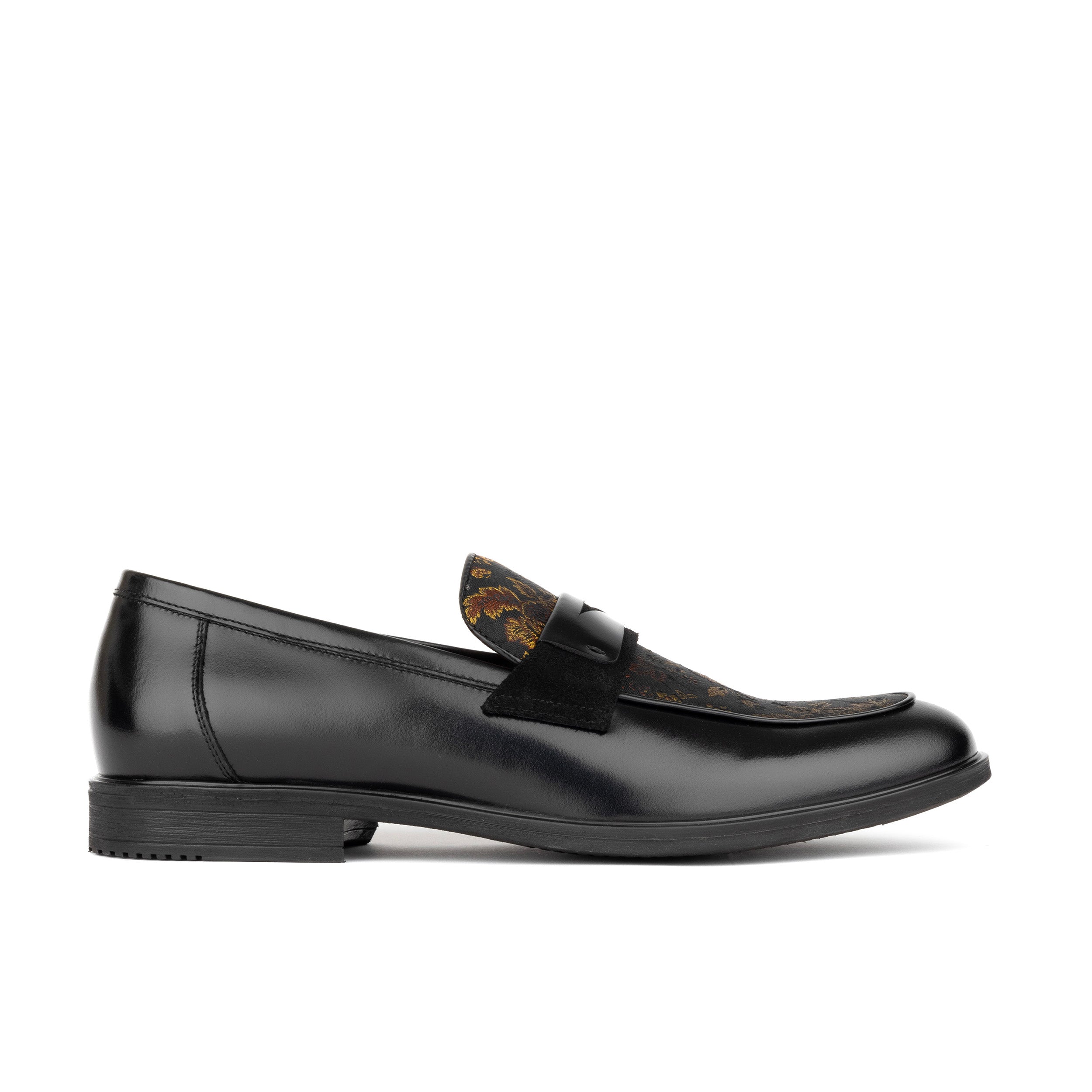 Gosselin - Black & Yellow Flowers - Men's leather loafer with jaquard details