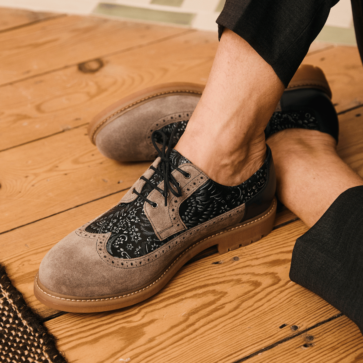 Cyclone - Grey, Blue & Silver Paisley - Men's Chunky Sole Leather & Suede Shoe with Paisley Print