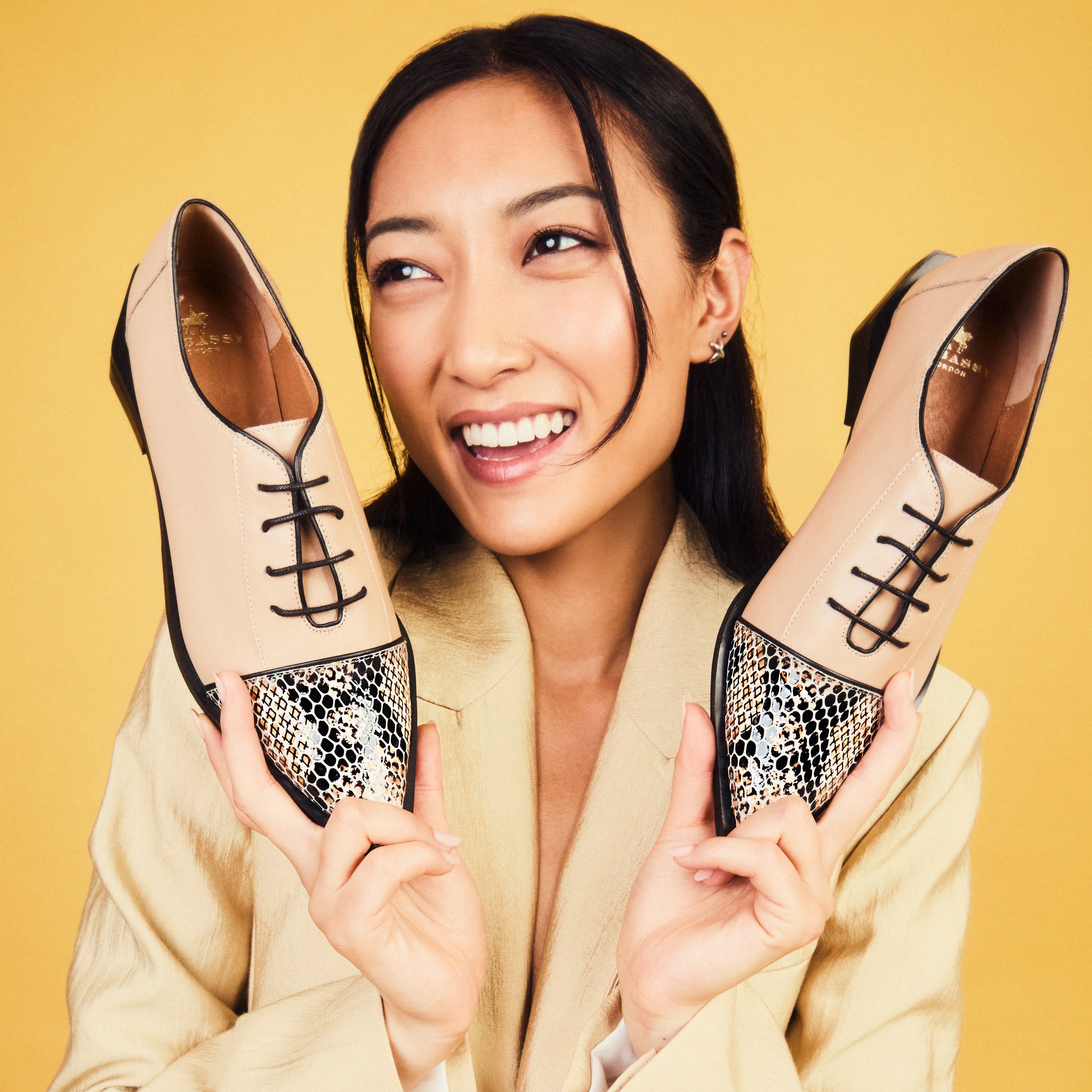 Sloan - Cream - Women's Leather Oxford with Snakeskin toe