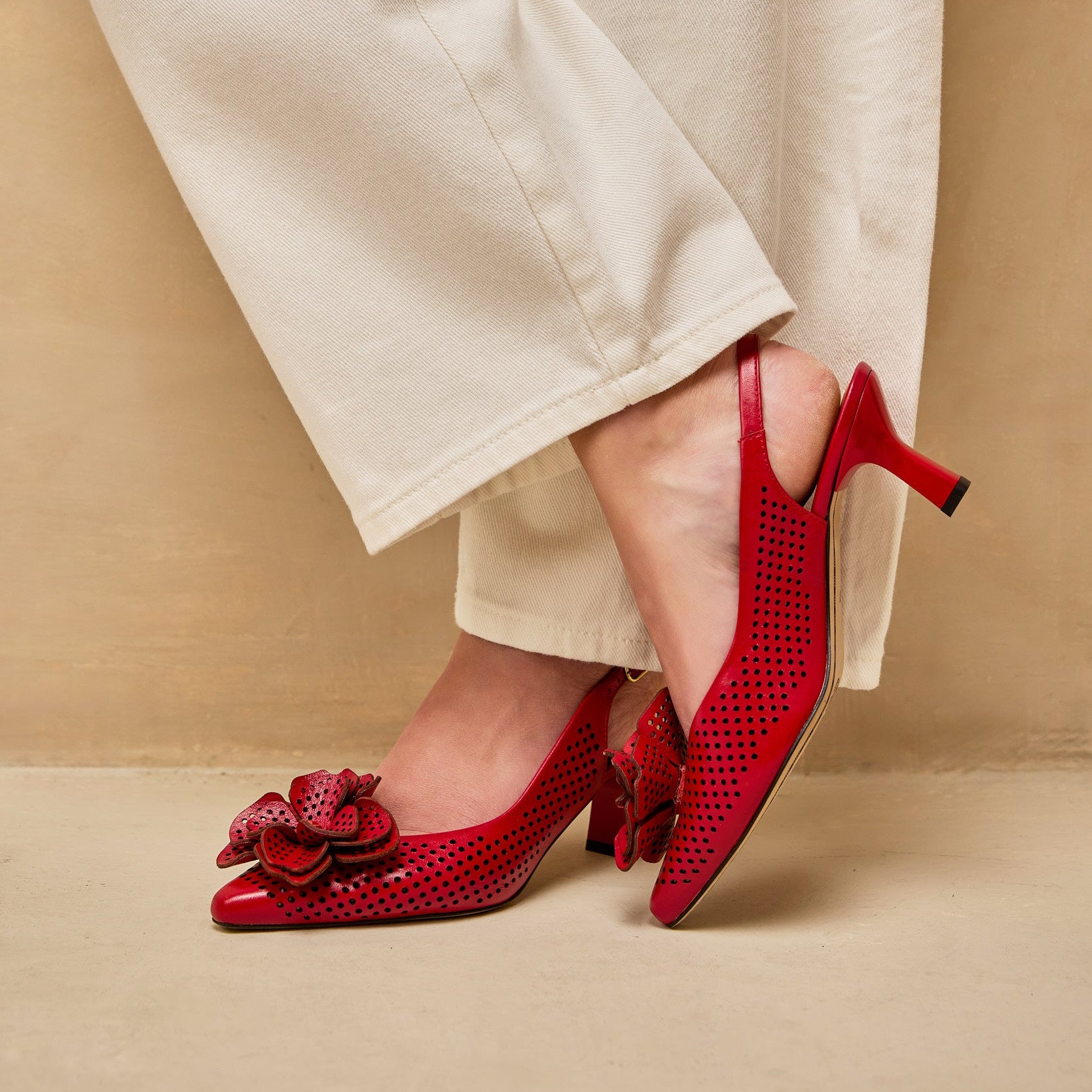 Florence - Red - Women's Leather Slingback Heel with Flower Detail