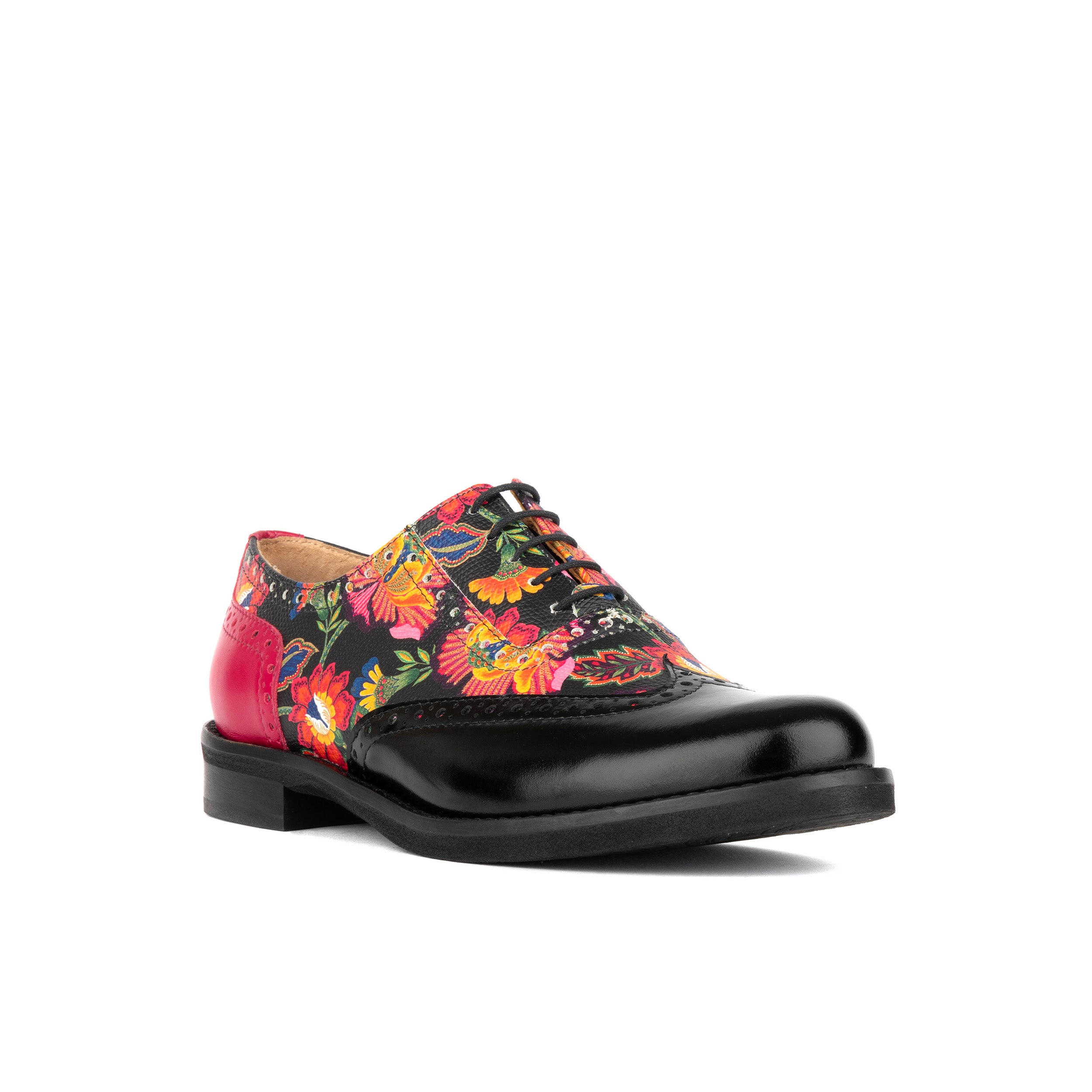 Vivienne - Black & Red Flowers - Women's oxford lace-up shoe with brogue details