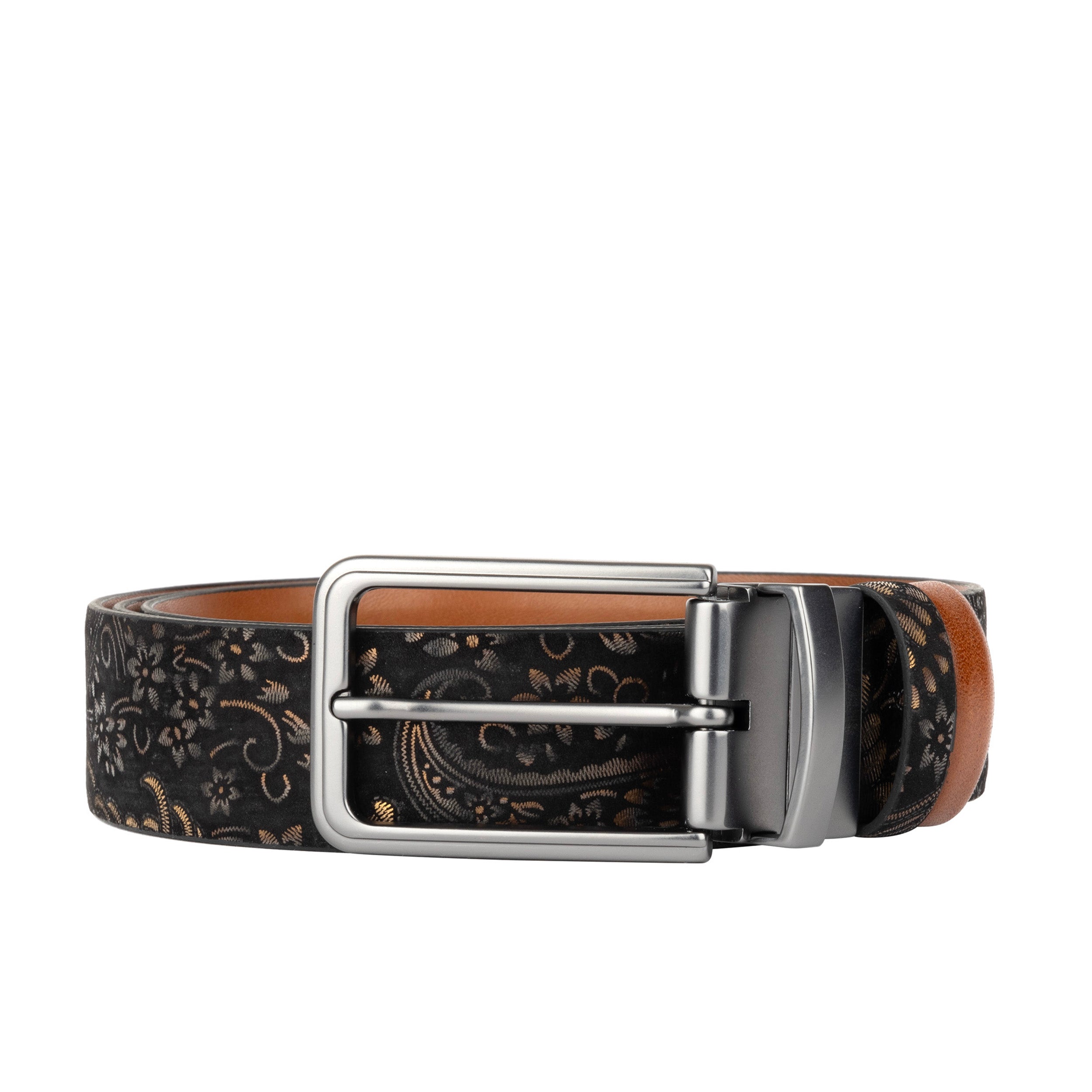 Reverse - Black & Gold Tan - Men's Leather Belt with gunmetal hardware