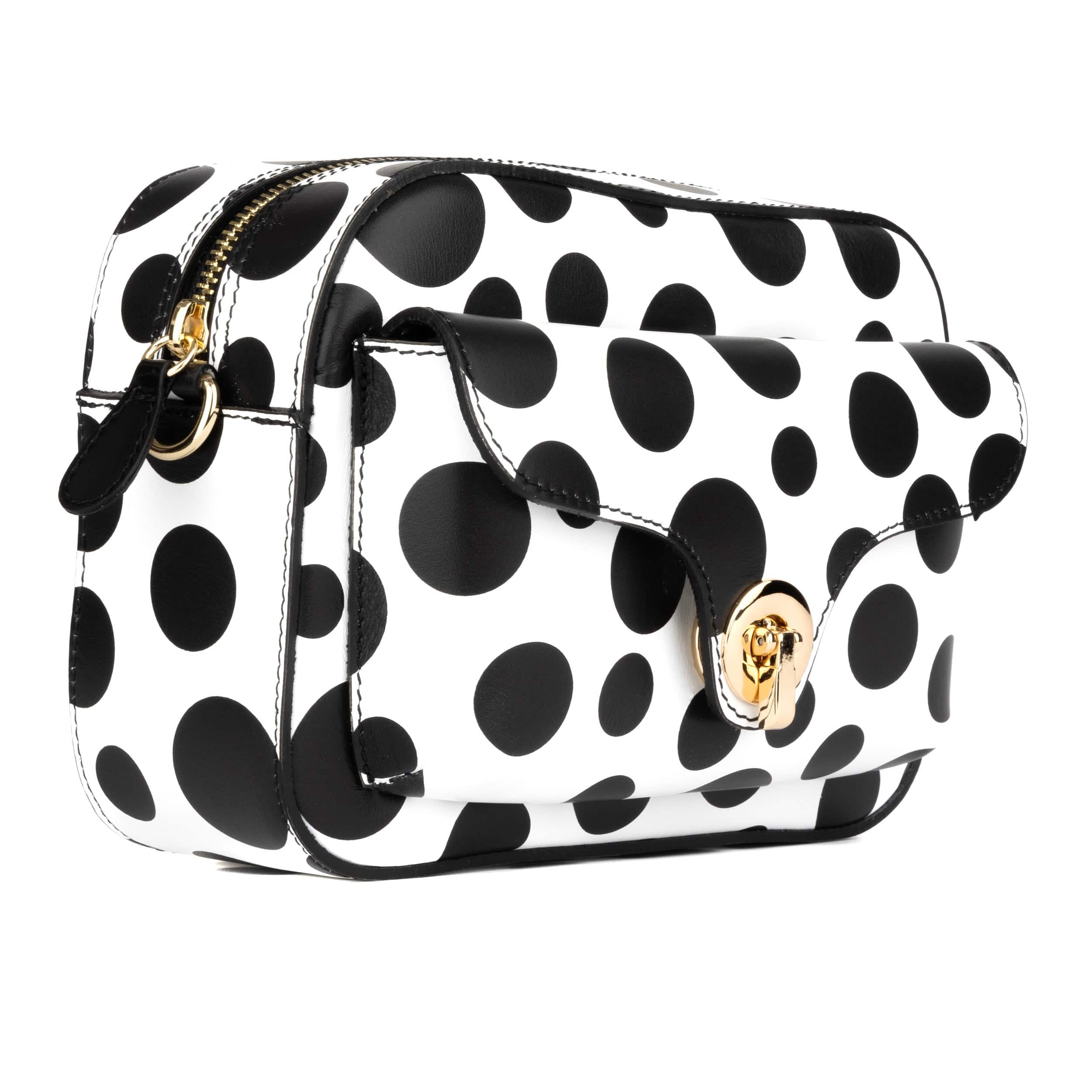 Lady Camara - Black & White Polka - Women's zip-up crossbody bag with shoulder strap and front pocket