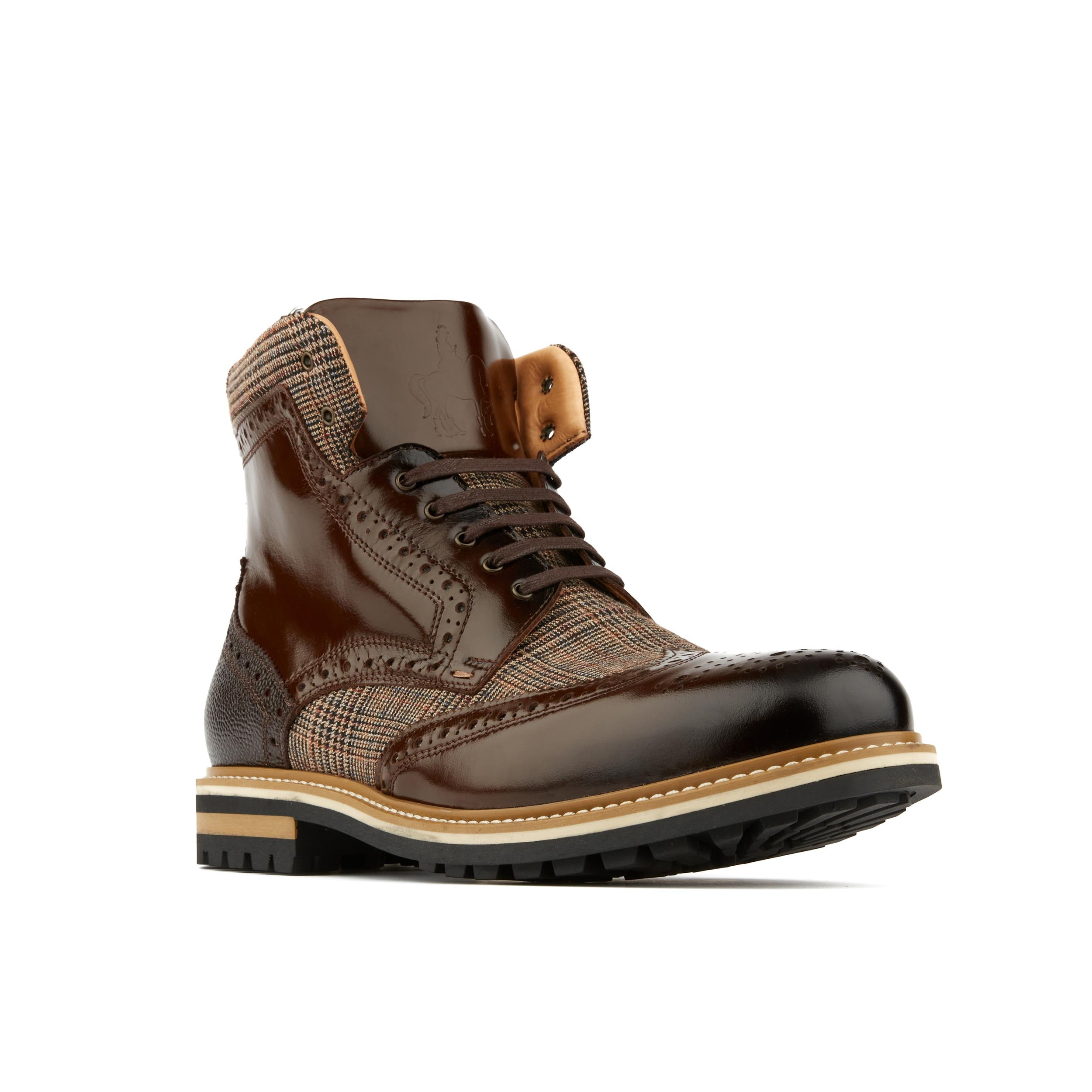 Wanderer - Brown Check - Men's leather combat style side zipper boot in brown