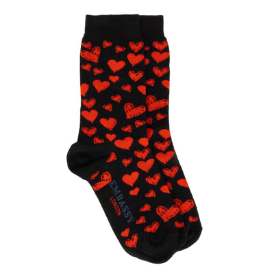 Soulmates - Black Red - Women's cotton crew socks UK 3 to 7 in black & red hearts
