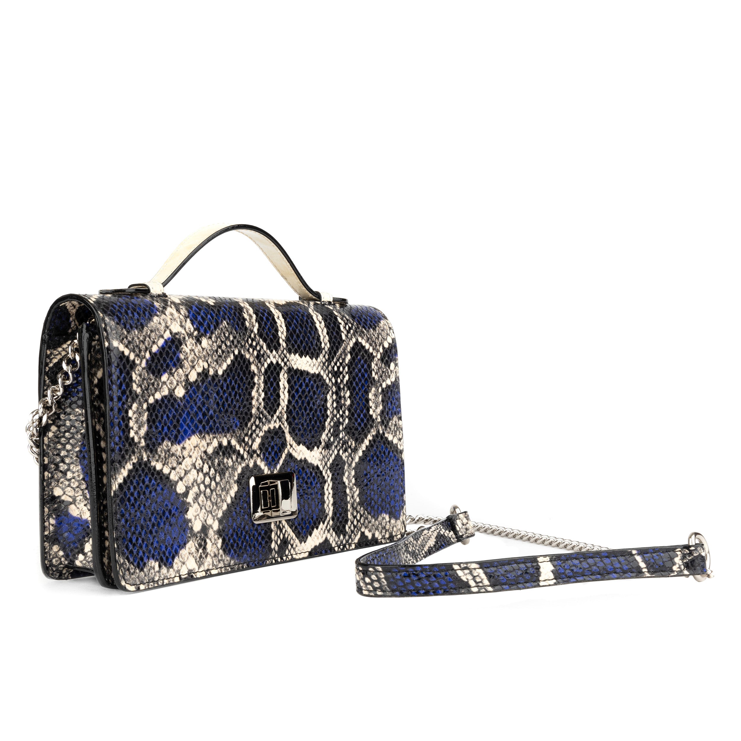 Envy - Blue Snake - Women's leather flap clutch bag with strap