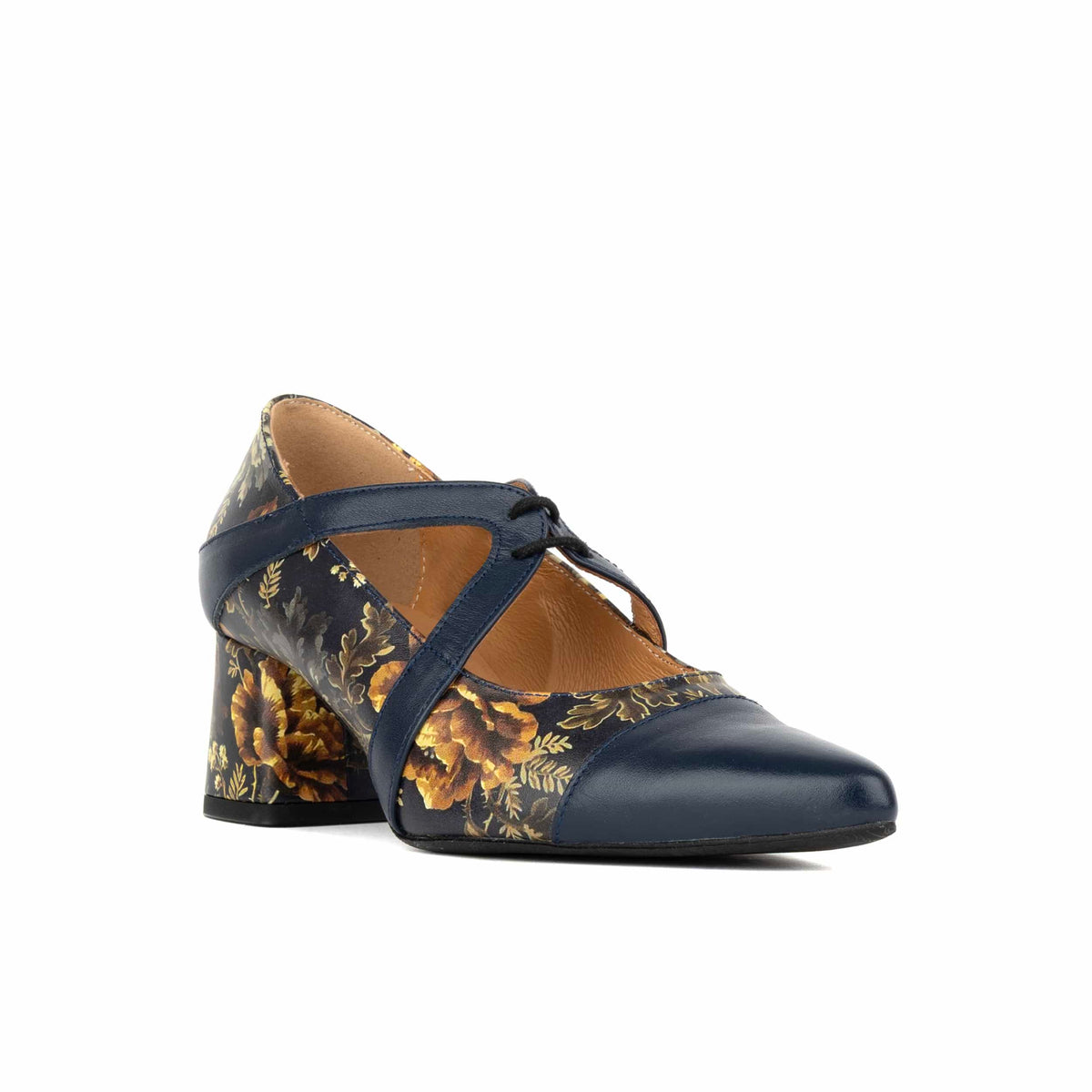 Harlowe High - Navy & Autumn Bloom - Women's leather block heel pumps
