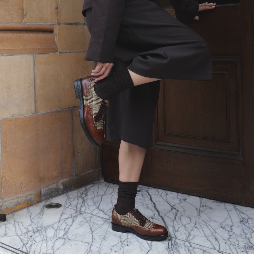 The Artist - Brown & Brown Check - Women's leather lace-up shoe with brogue detailing