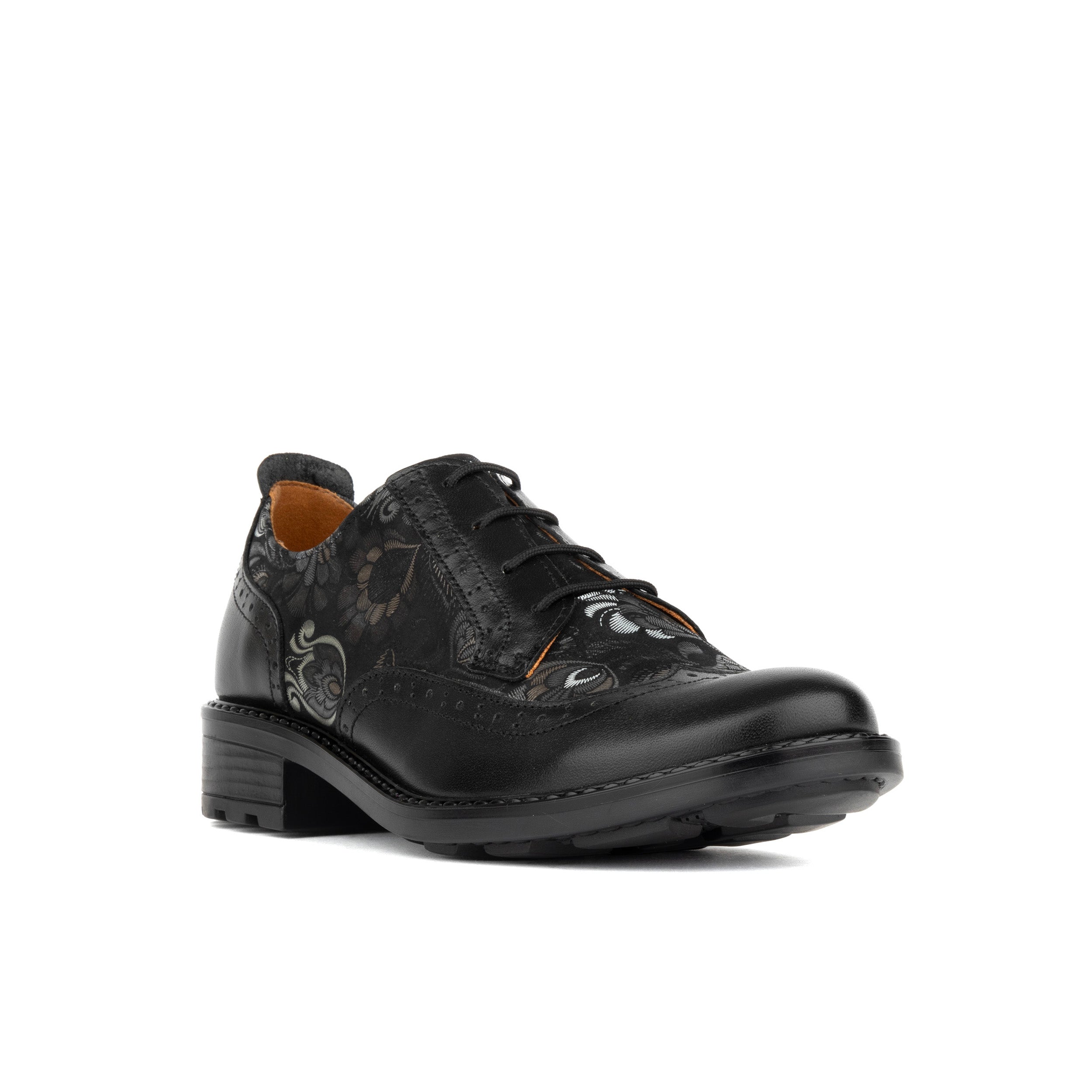 DreamFiters - Black Emboss - Women's round toe leather derby shoe on durable rubber sole