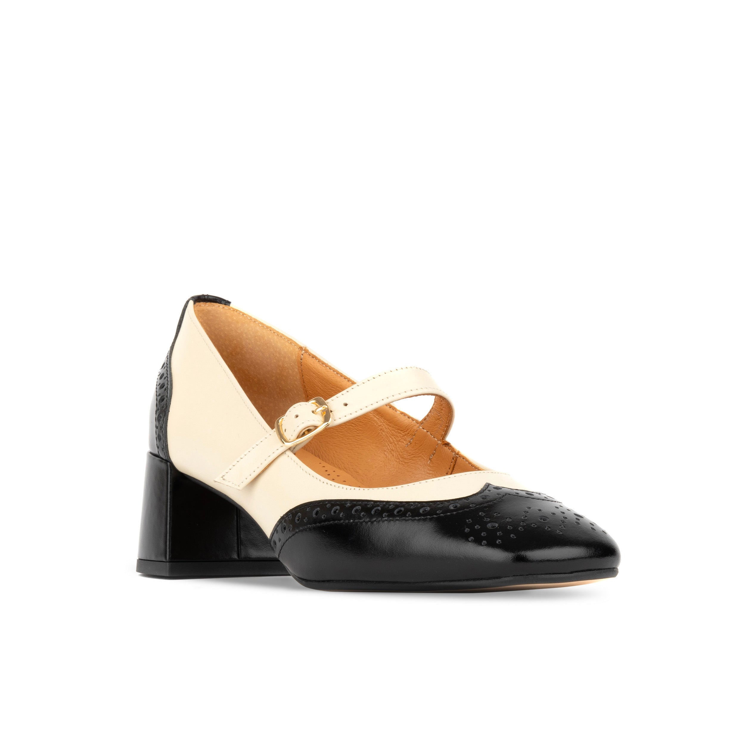 Mary Antoinette - Cream - Women's block heel Mary Jane in cream & black leather