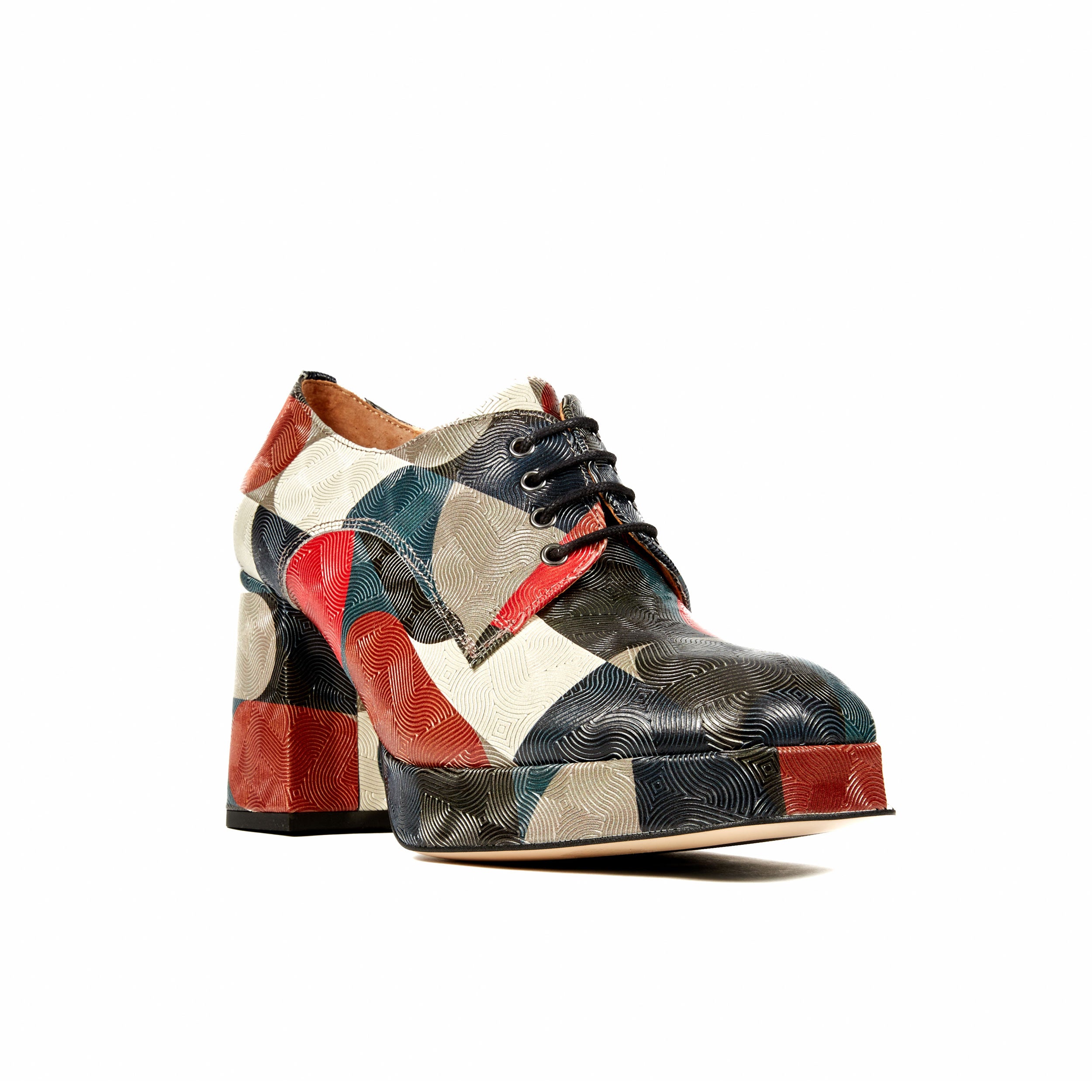 Roulette Platform - Black & Red Groovy - Women's leather block heel platform oxford shoe