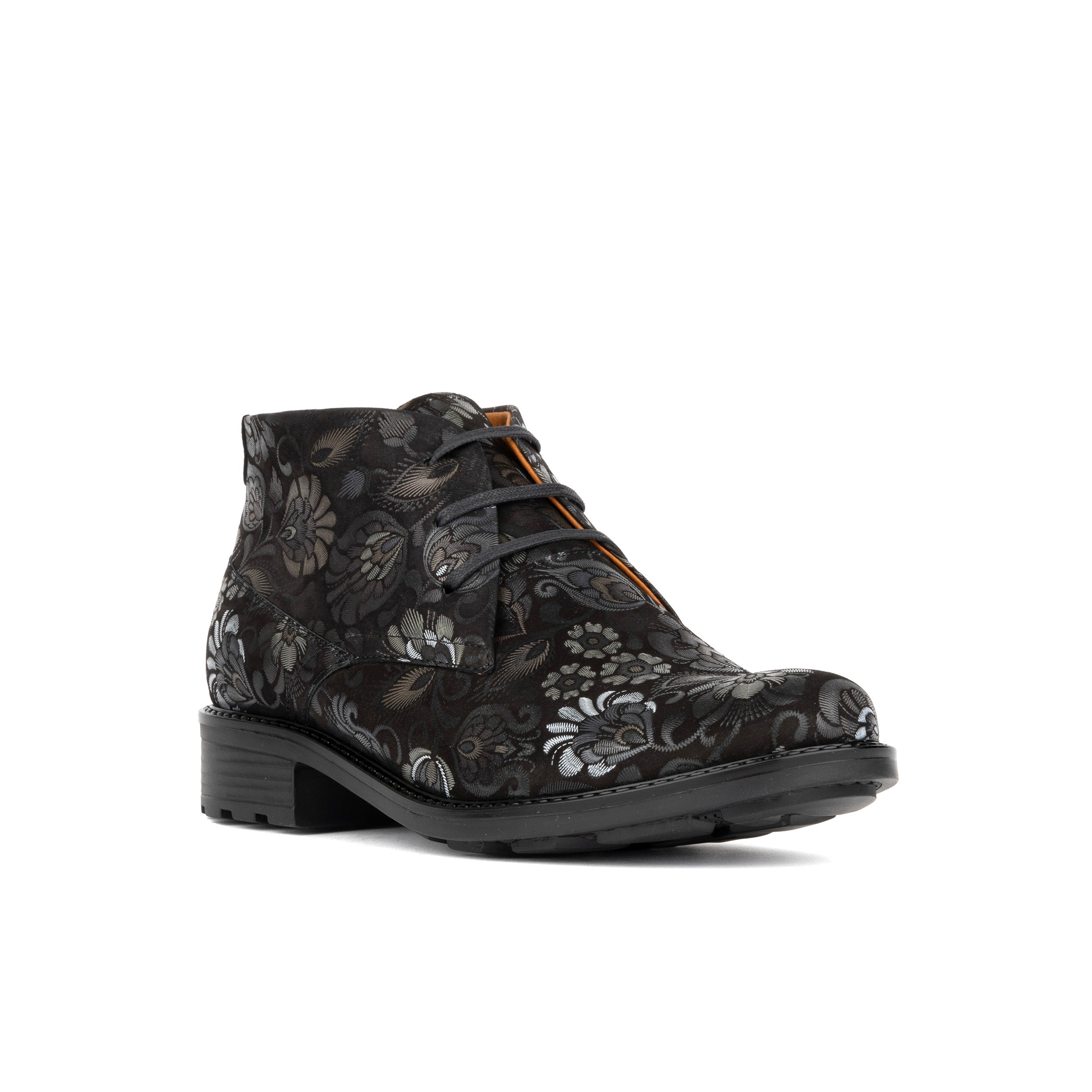 Laviva - Black Emboss - Women's round toe wide fitted ankle boot In nubuck leather