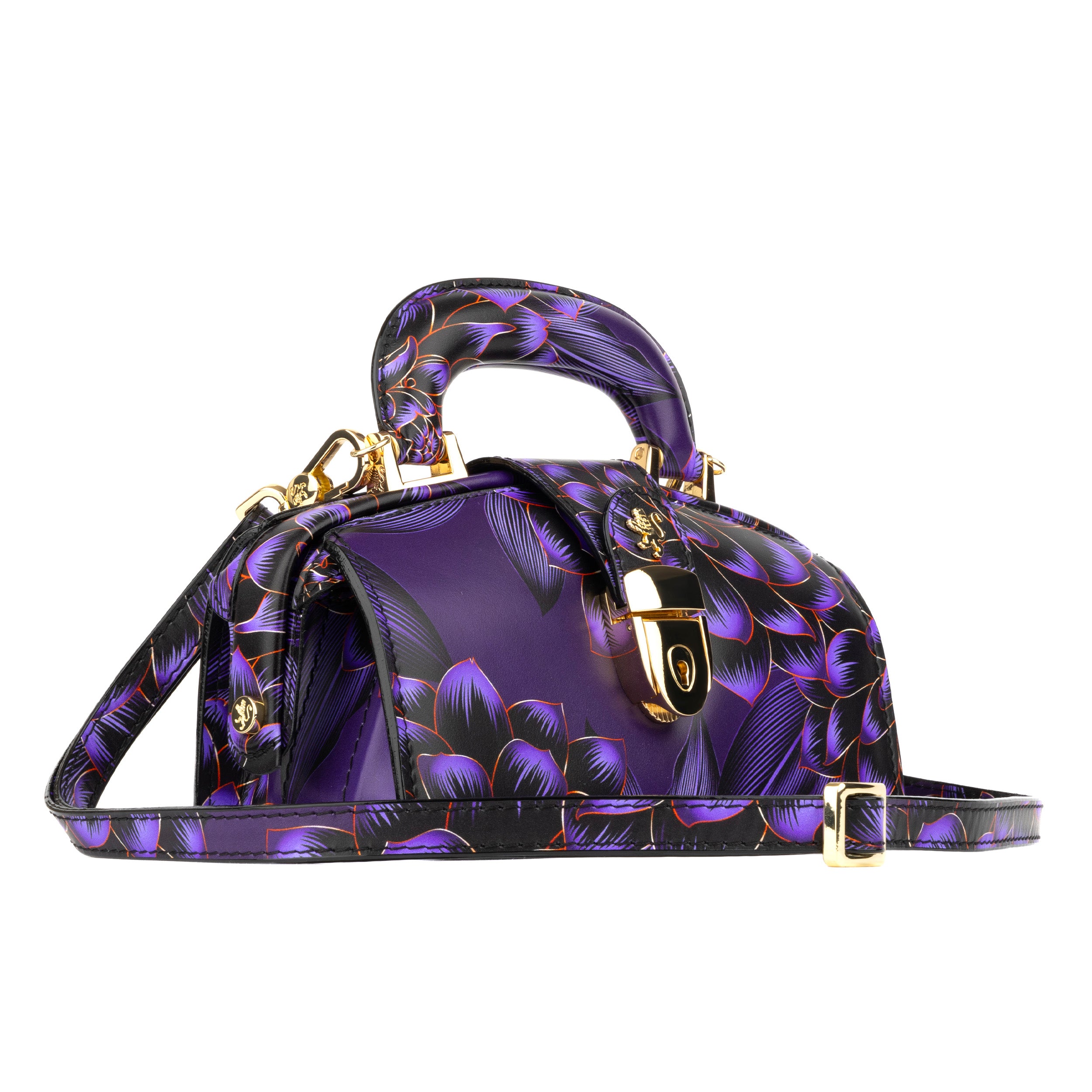 Gazelle Mini - Black & Purple  - Mini top handle leather bag in purple pattern with key lock