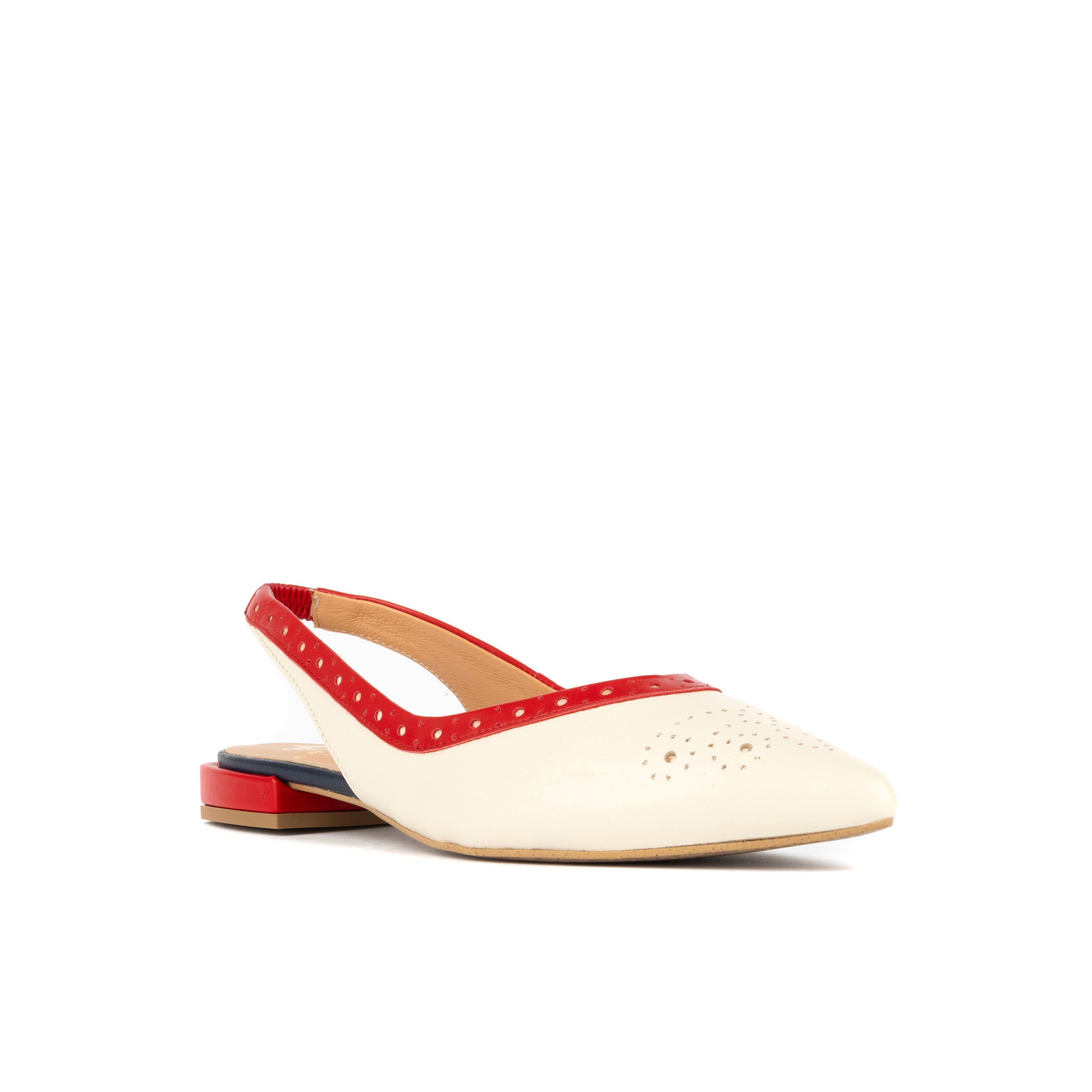 Holly Brogue - Cream & Red & Blue - Women's Leather Flat Slingback