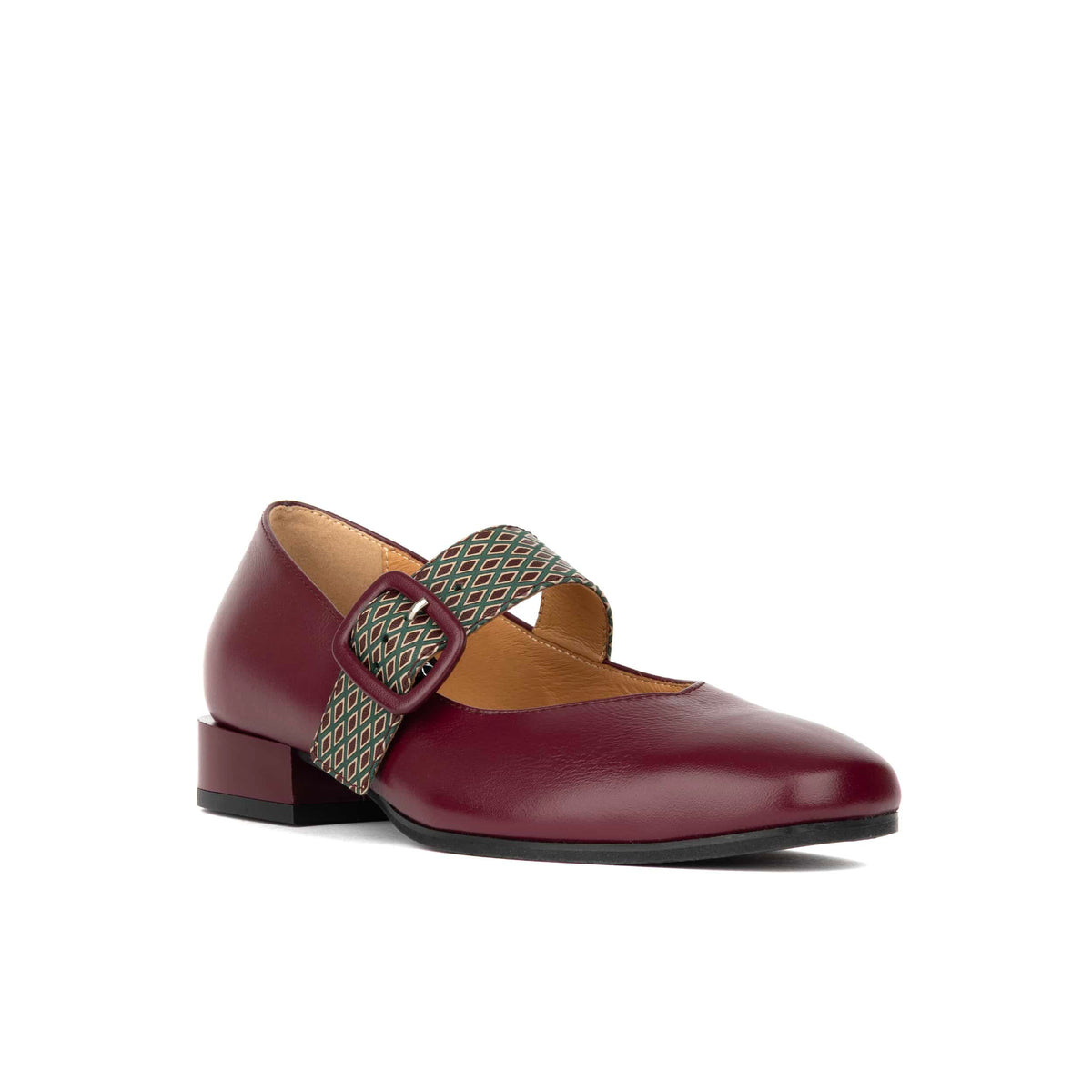 Bliss - Burgundy & Green Diamond - Women's block heel square toe patent leather Mary-Jane