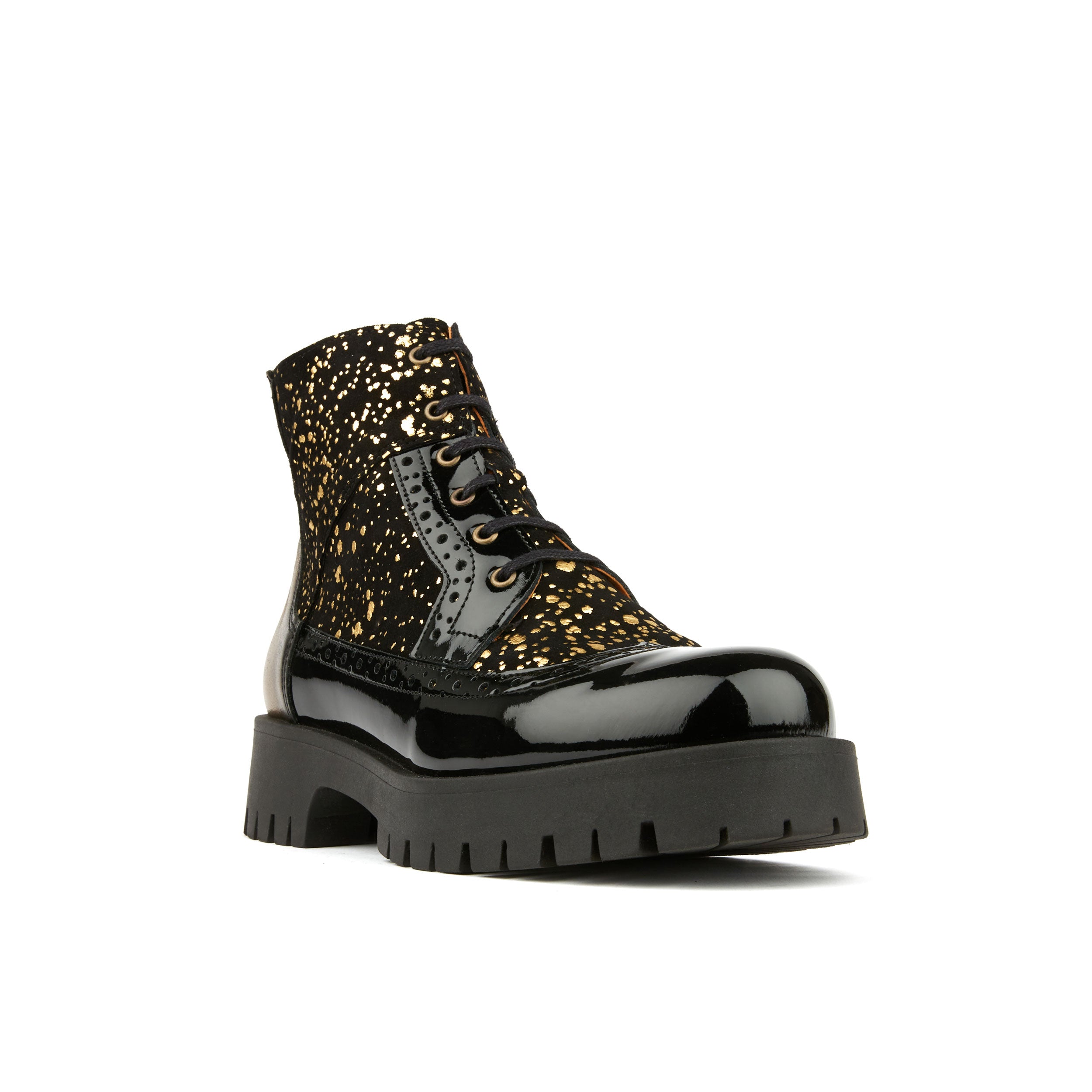 Hatter Platform - Drops - Women's ankle boot in golden paint drops on black leather