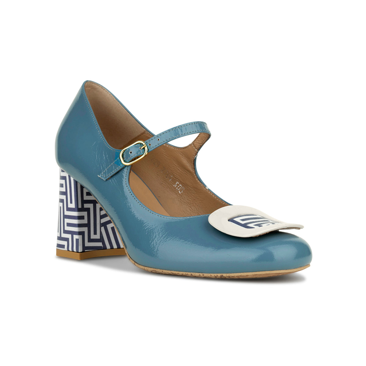 Button - Light Blue & Maze Print - Women's Leather Round-toe Mary Jane Pump with Block Heel