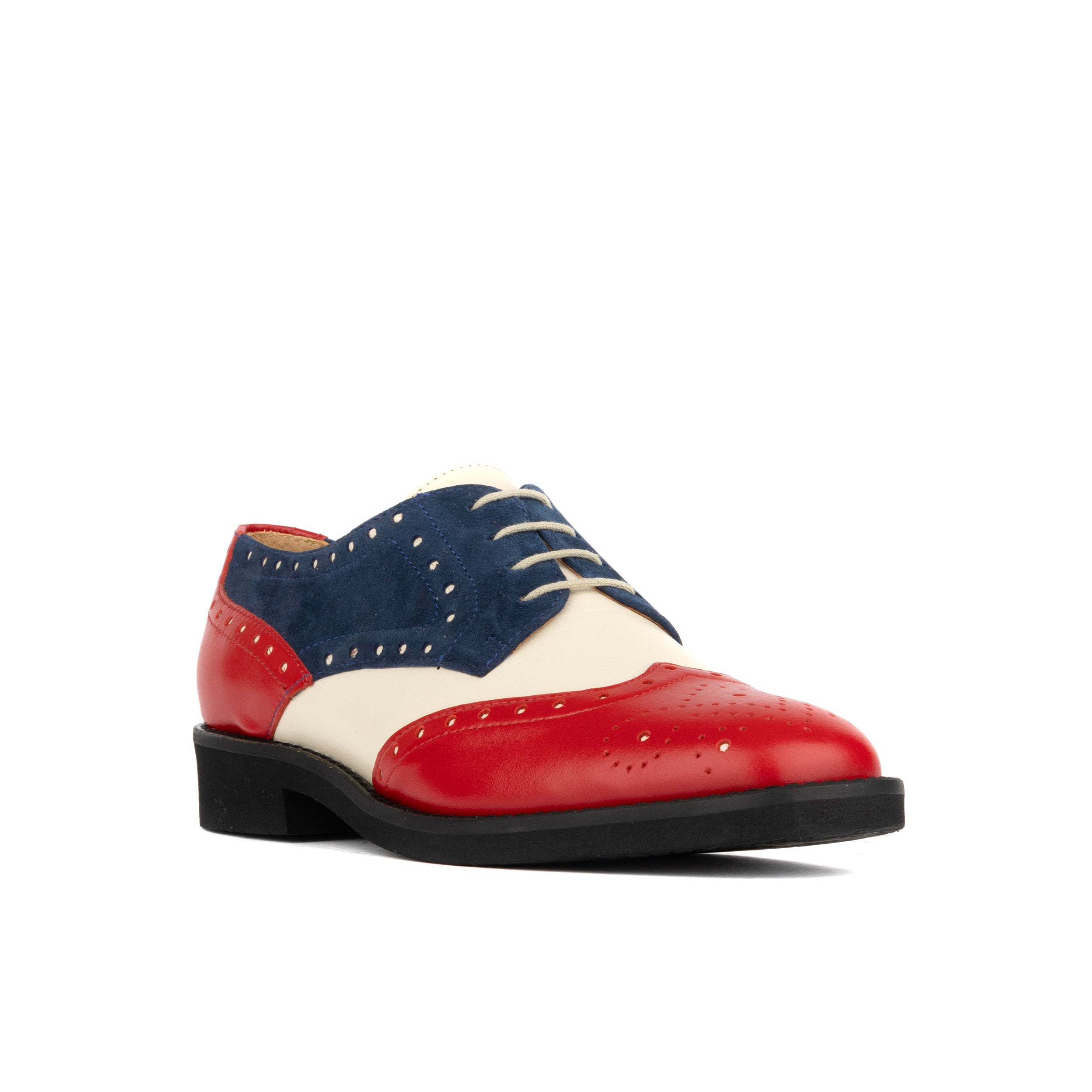 Eton - Red & Blue & Cream - Women's square toe leather lace-up with brogue styling