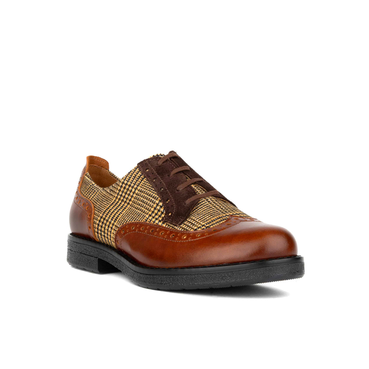 The Artist - Brown & Brown Check - Women's leather lace-up shoe with brogue detailing