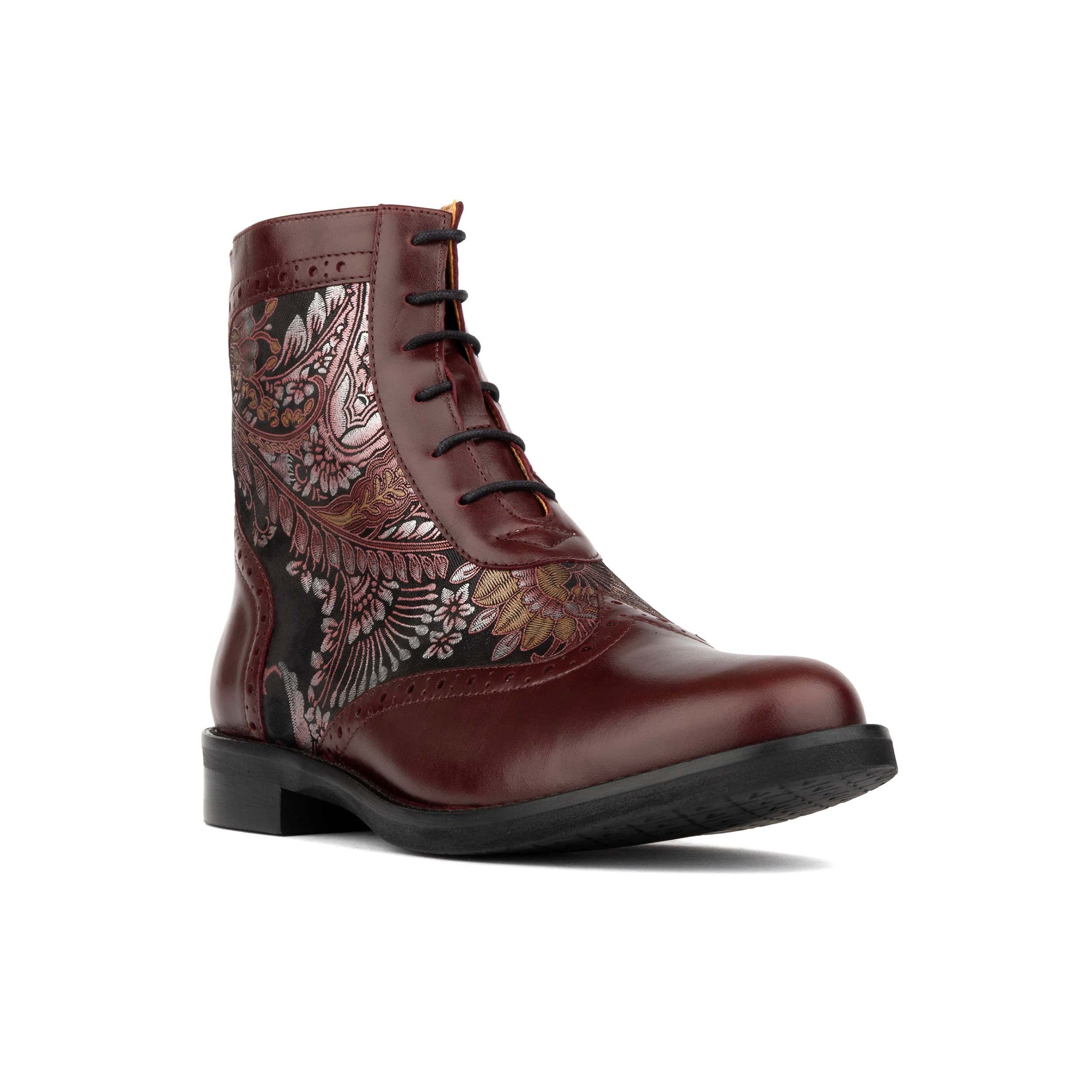 Mantis - Floral & Burgundy - Women's above-the-ankle lace-up boot with brogue & paisley detailing