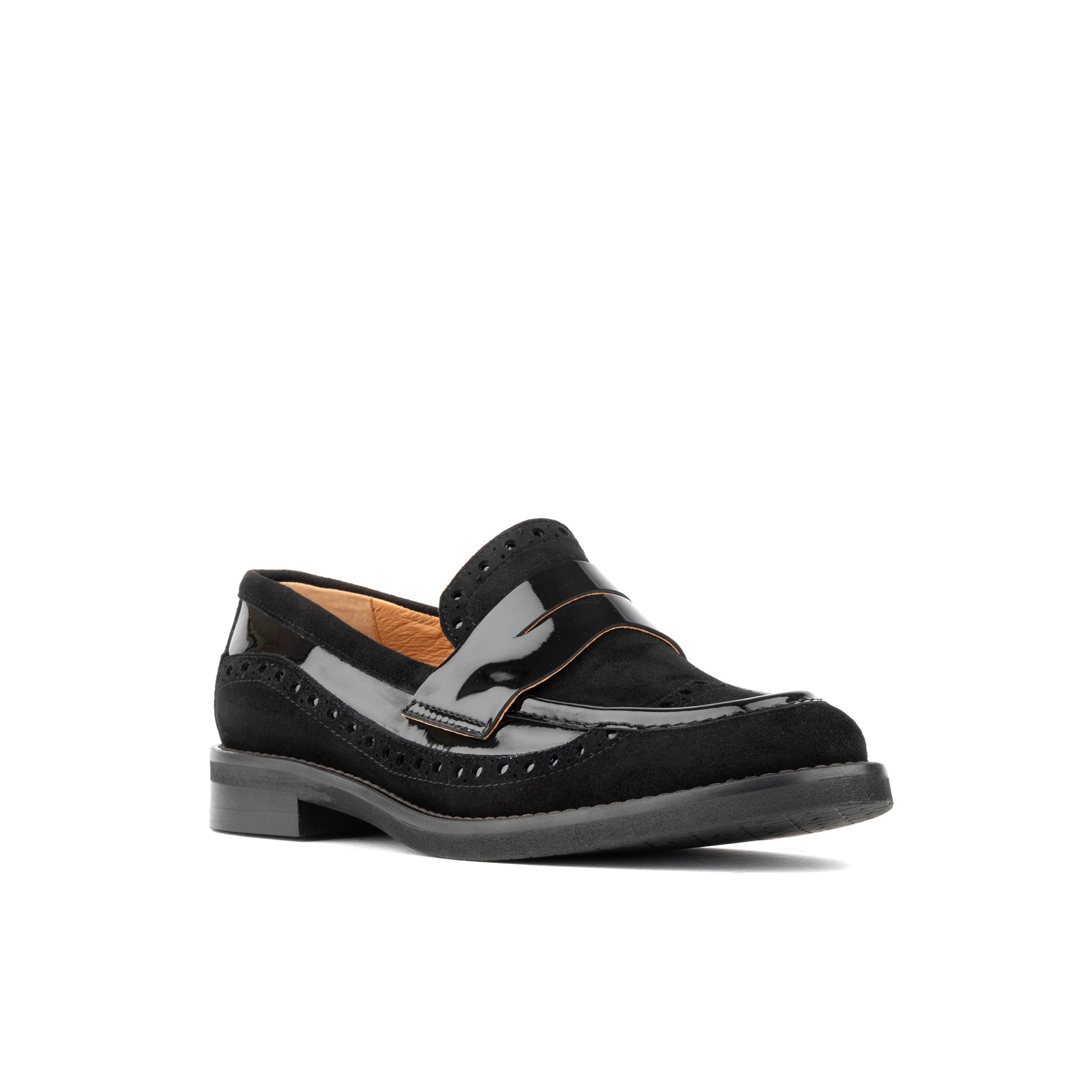 Angelina - Black - Women's leather almond toe penny loafer with broguing