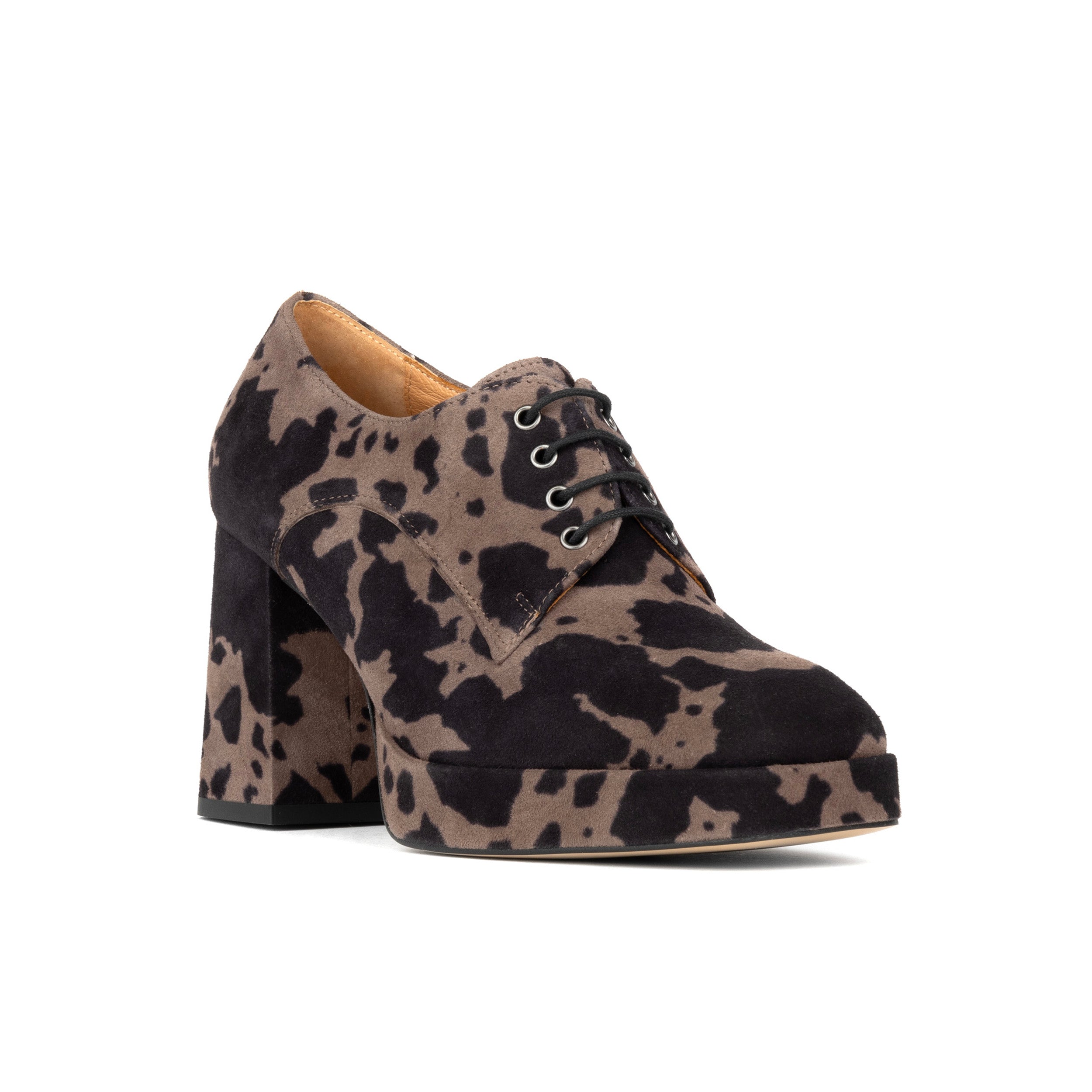 Roulette Platform - Brown Cow - Women's leather oxford pump with platform and block heel