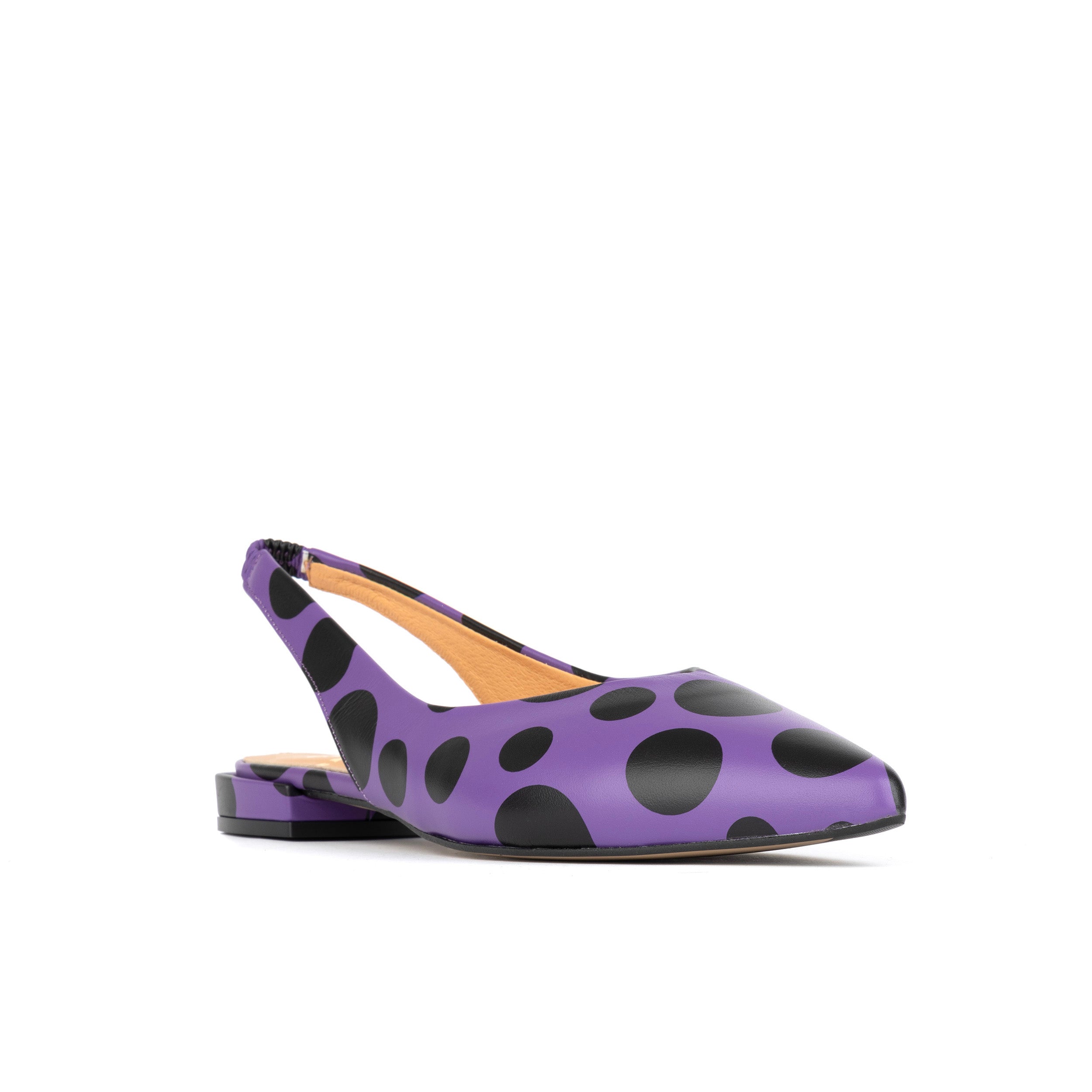 Holy - Purple Black Polka - Women's flat leather slingback in purple & black polka