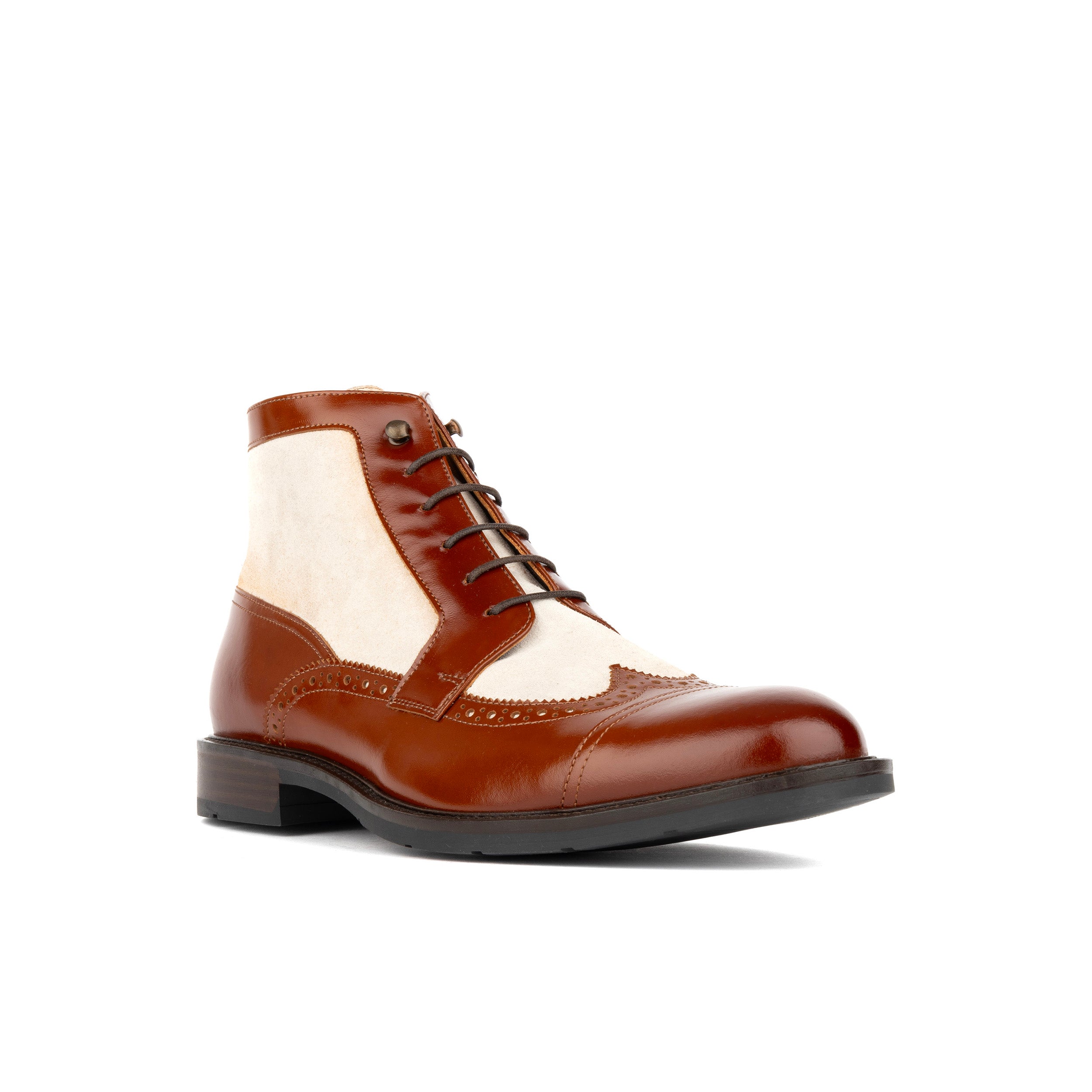 Charles - Light Tan & Cream - Men's Toe-Cap Dressy Leather & Suede Boot with Brogue Details