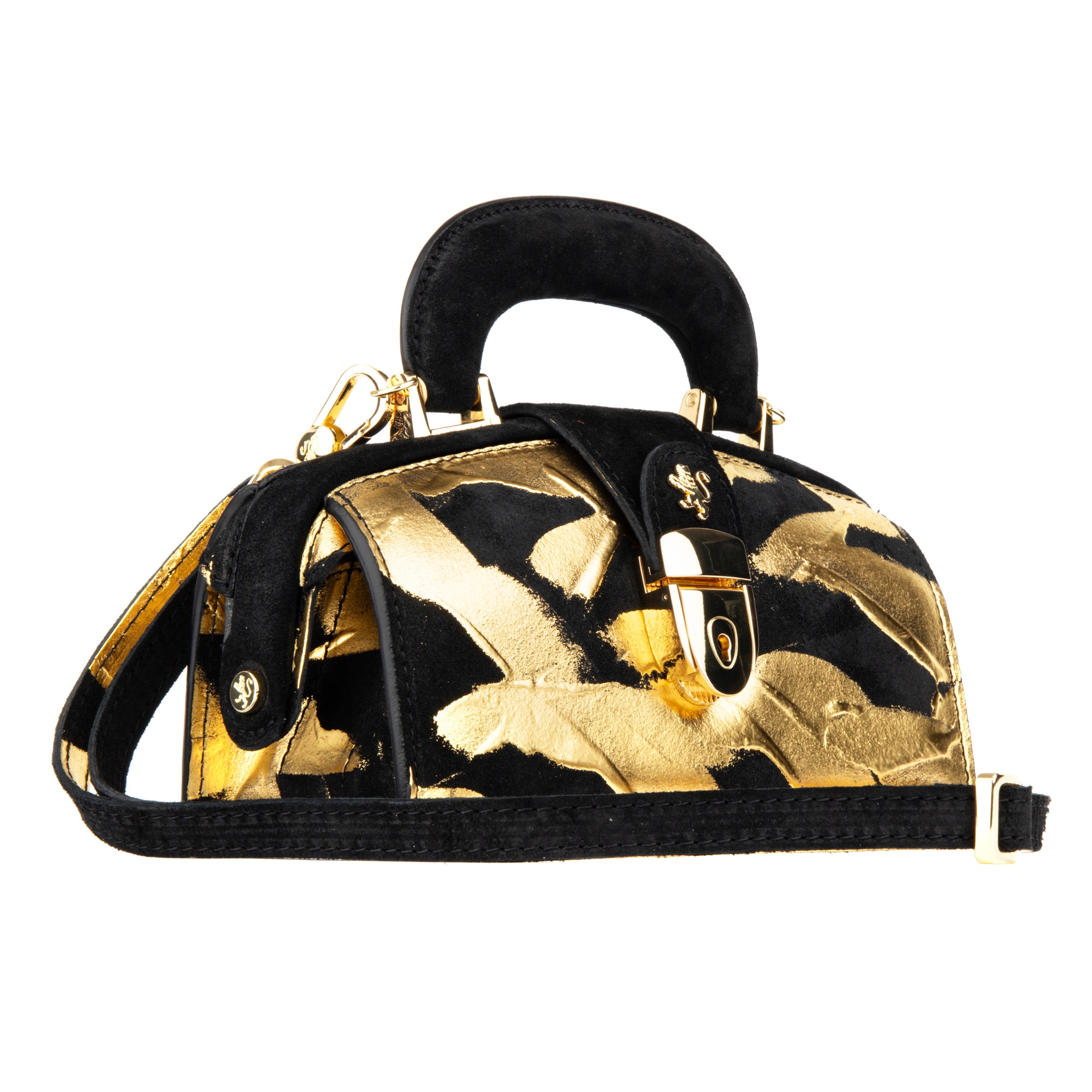 Gazelle Mini - Gold & Black - Mini top handle structured bag in Italian leather with LED