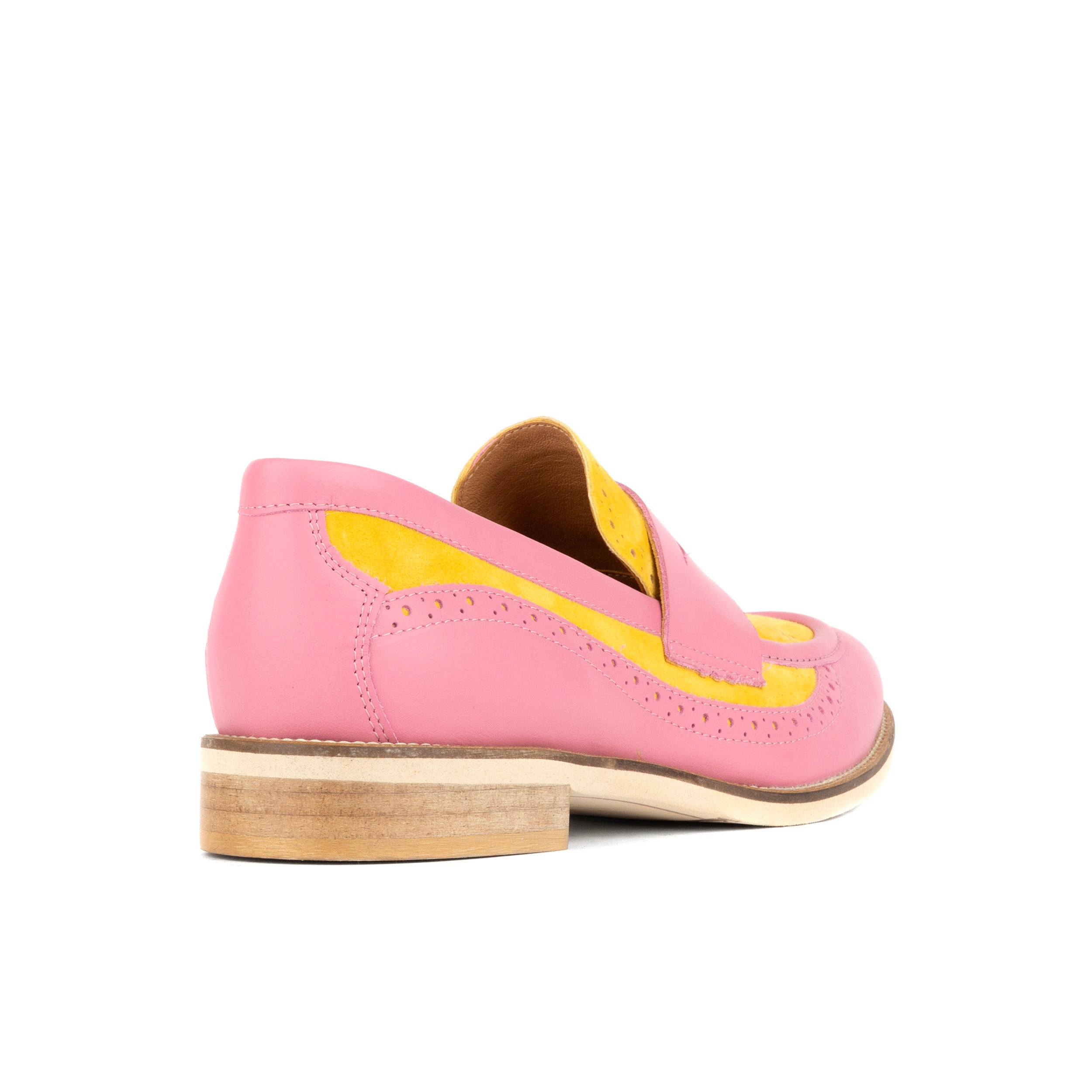 Angelina - Pink & Yellow - Women's Leather Almond Toe Penny Loafer with Broguing