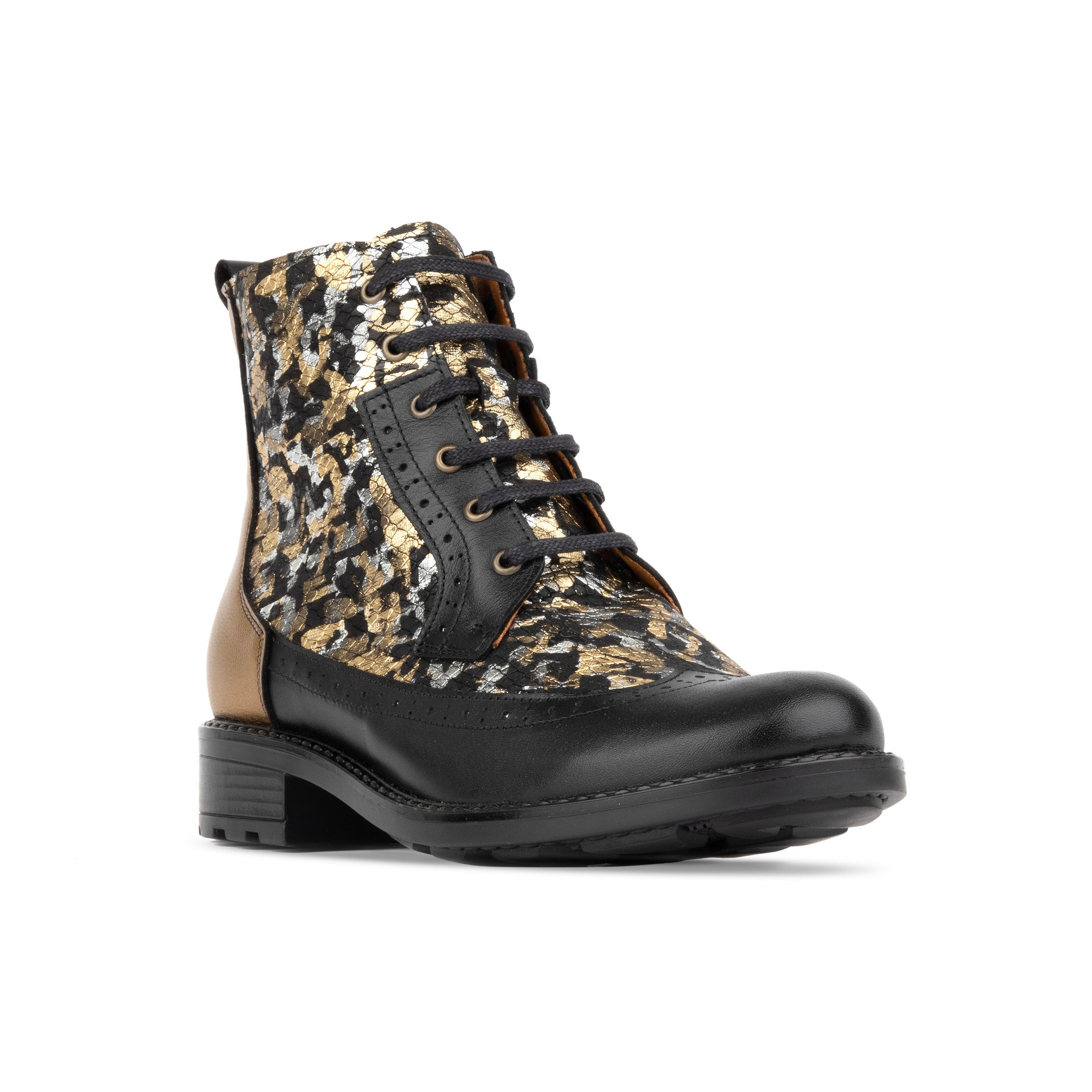 Milliner - Black & Gold - Women's leather round toe side zipper ankle boot in gold