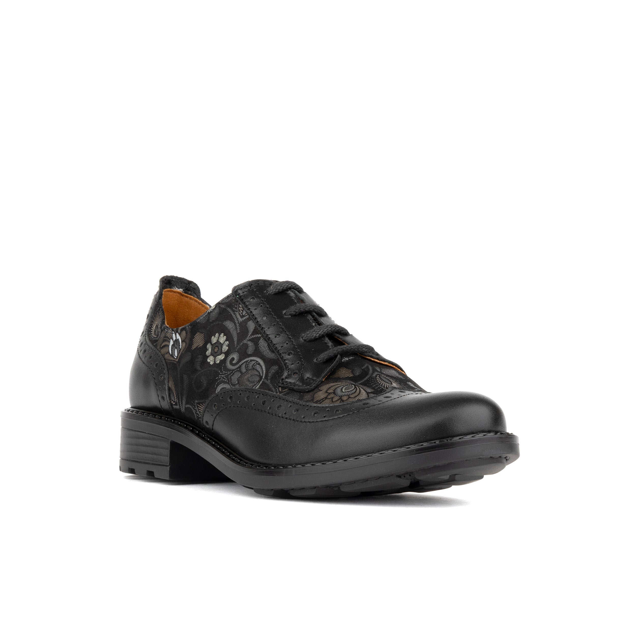 DreamFiters - Black Emboss - Women's round toe leather derby shoe on durable rubber sole