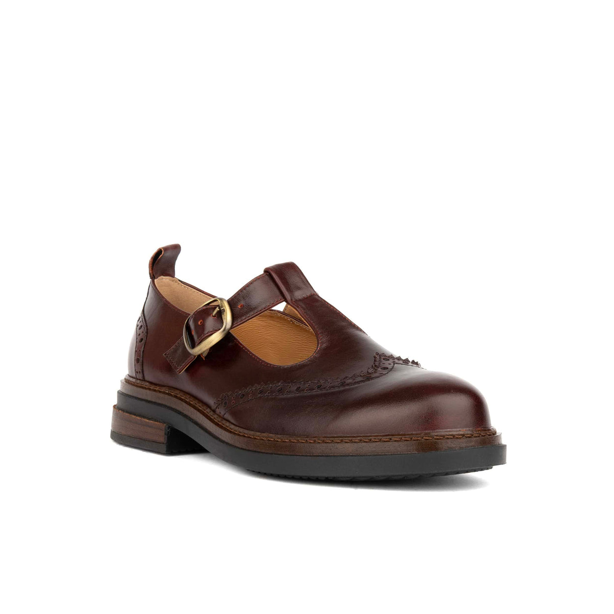 Miley - Brown Women's Leather T-Bar Brogue Shoes