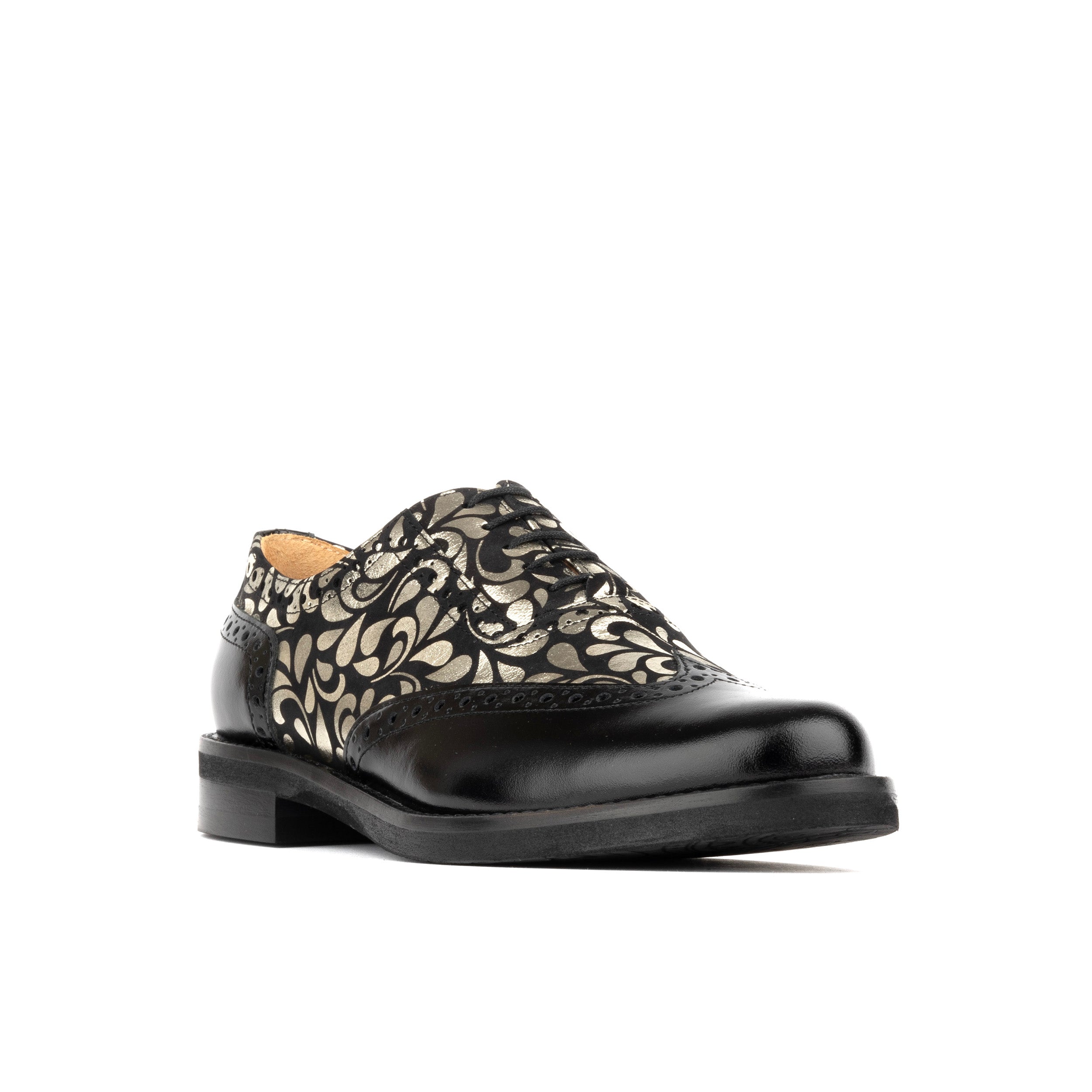 Vivienne - Black & Petals - Women's leather oxford shoe with wingtip and brogue details