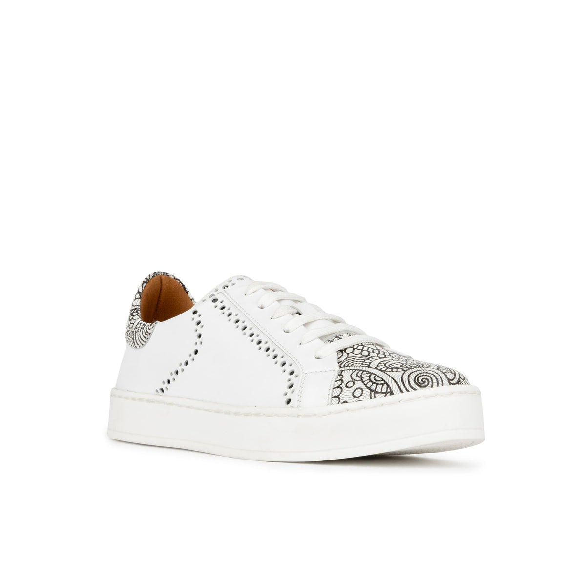 Serena - Black & White & Graphic Print - Women’s Leather Trainer with Brogue Details
