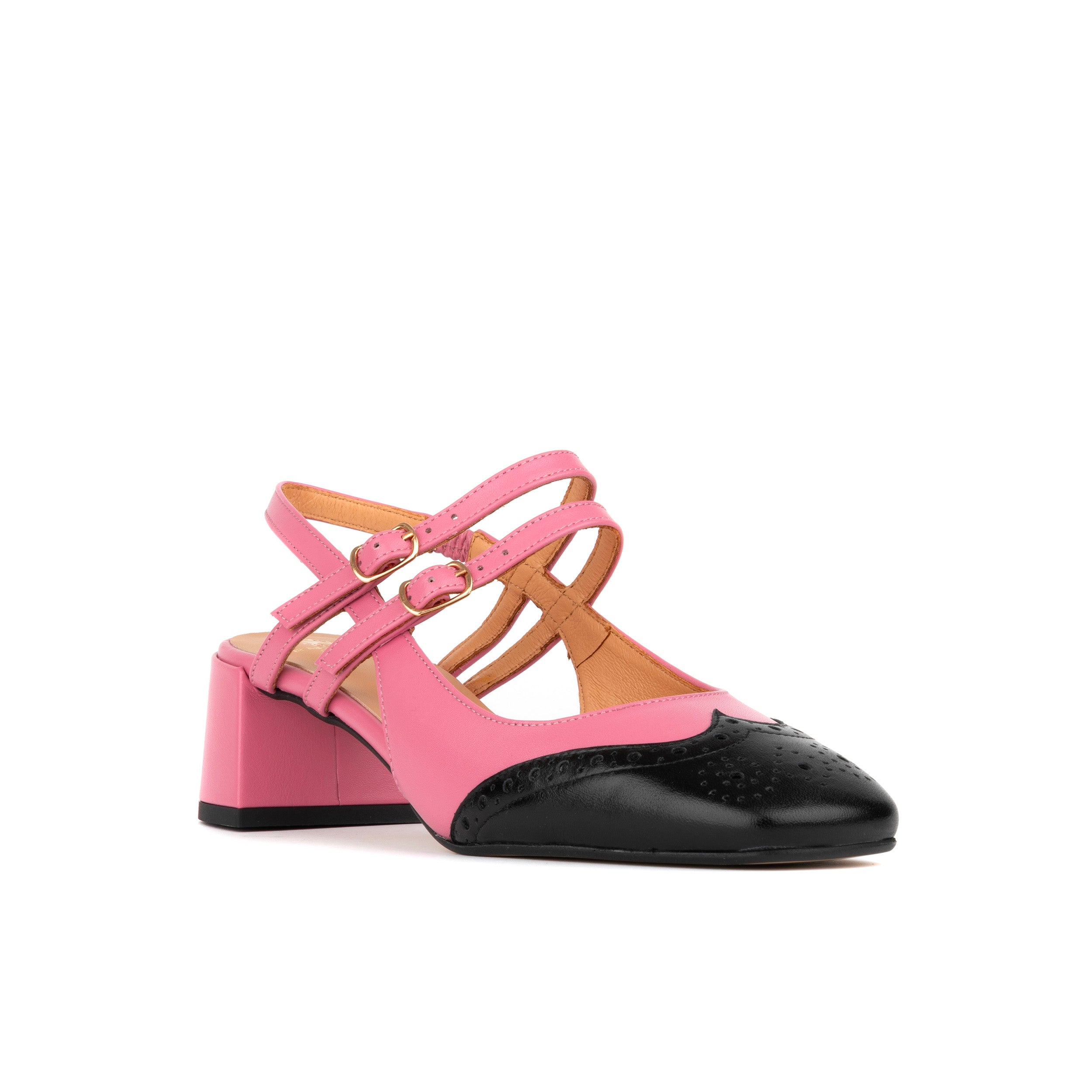 Candy - Pink & Black - Women's square toe block heel slingbacks in pink leather