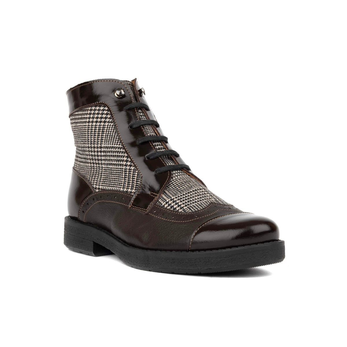 Modiste - Brown & Brown Check - Women's Leather & Tweed Check Lace-Up Ankle Boots